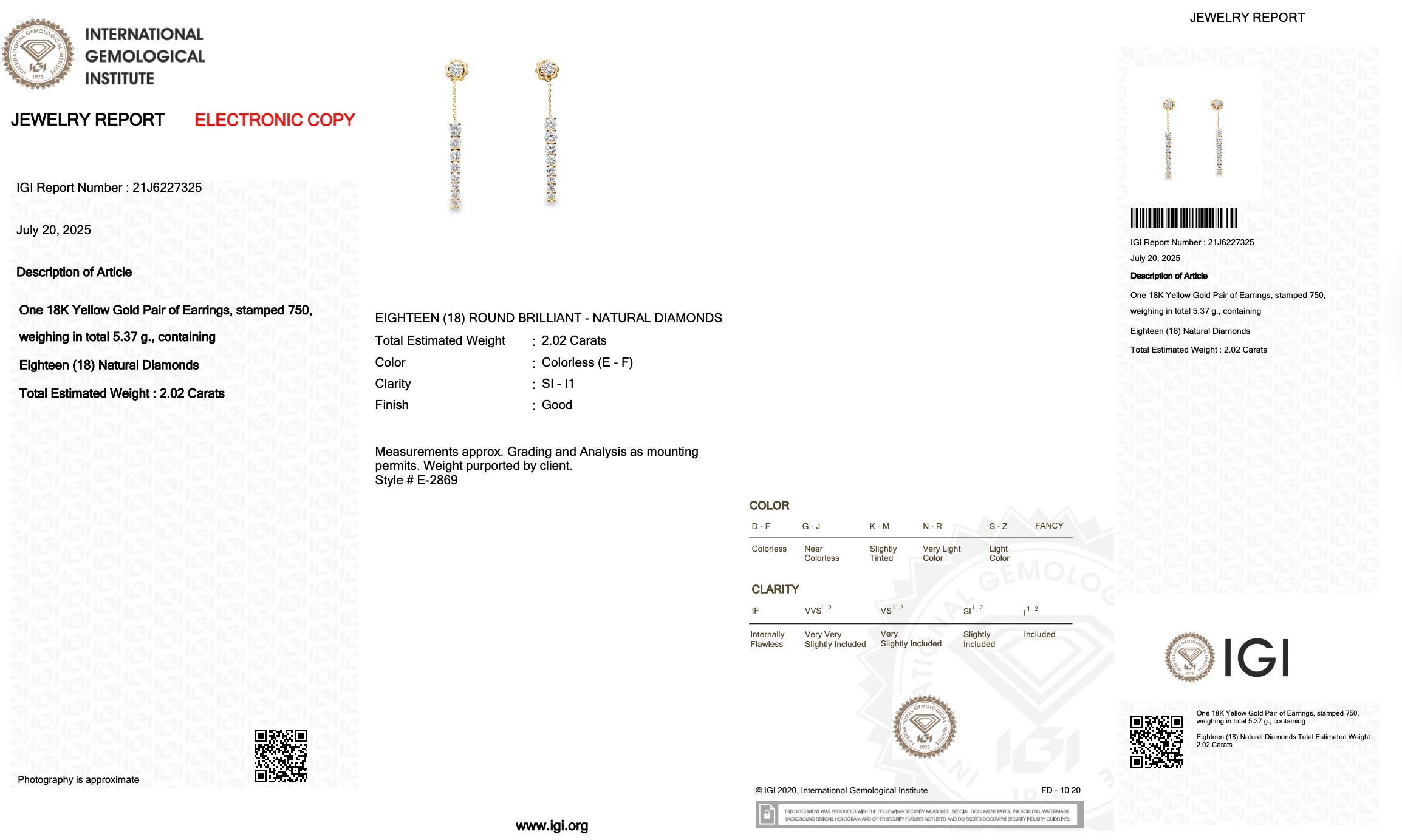 De las mujeres Elegantes Pendientes de Gota de Diamantes de 2.02ct en Oro Amarillo de 18k - Certificado IGI en venta