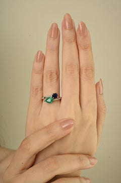 Elegant 2.09 Ct Emerald & Blue Sapphire Bypass Ring with Diamond 14K White Gold