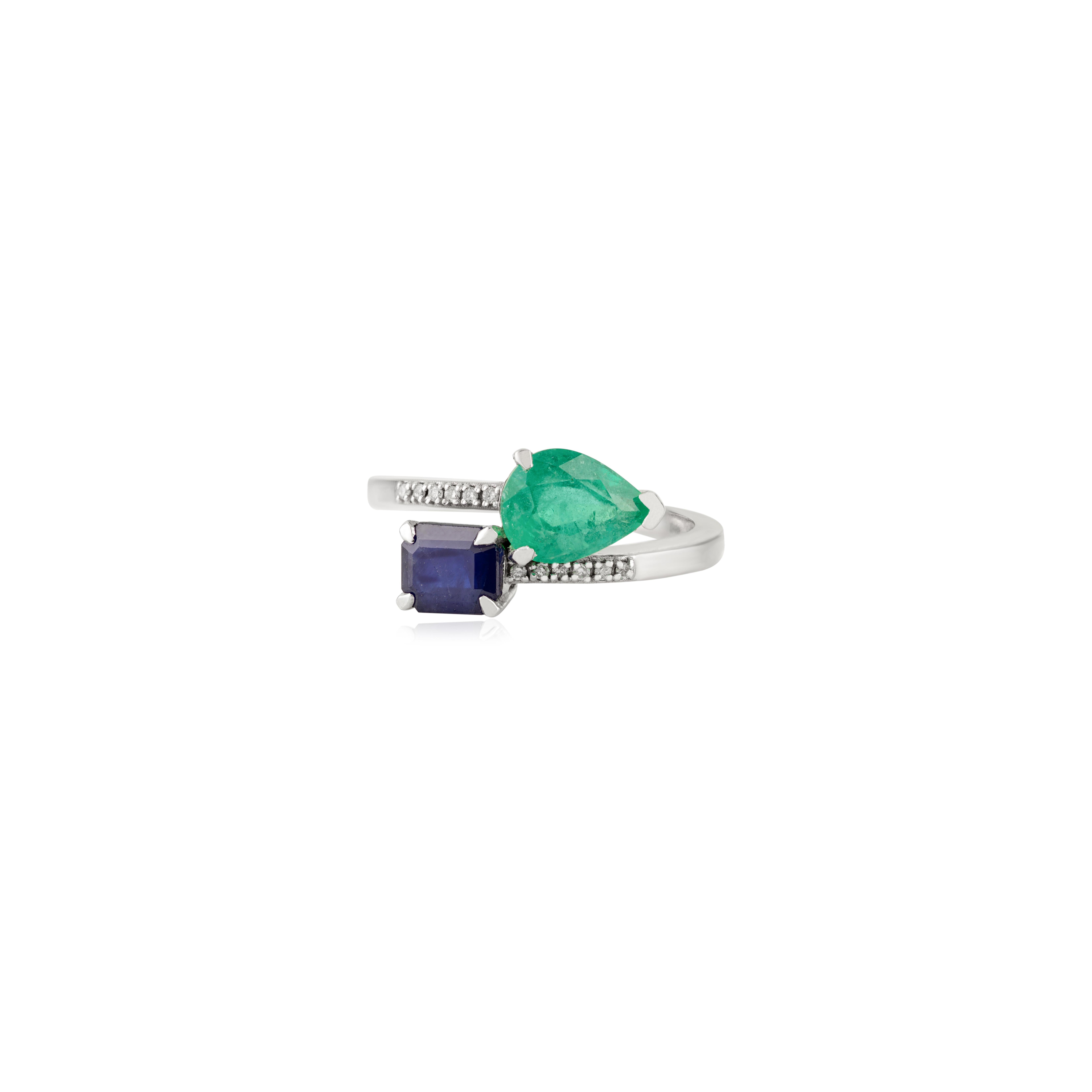 Im Angebot: Eleganter 2,09 Karat Smaragd & Blauer Saphir Bypass Ring mit Diamant 14K Weißgold () 9