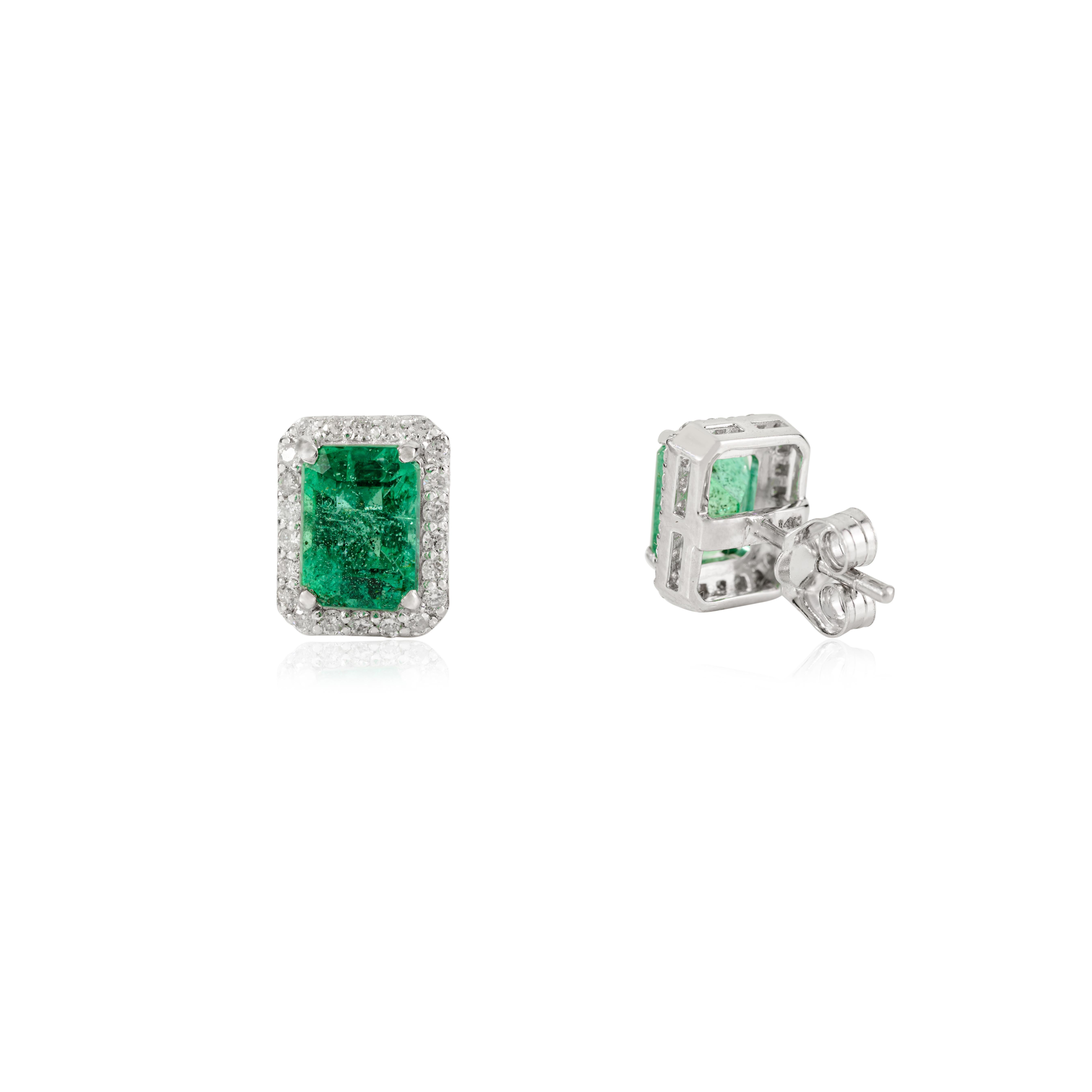 Modern Elegant 2.09Ct Emerald-Cut Emerald and Diamond Halo Stud Earrings 14k White Gold For Sale