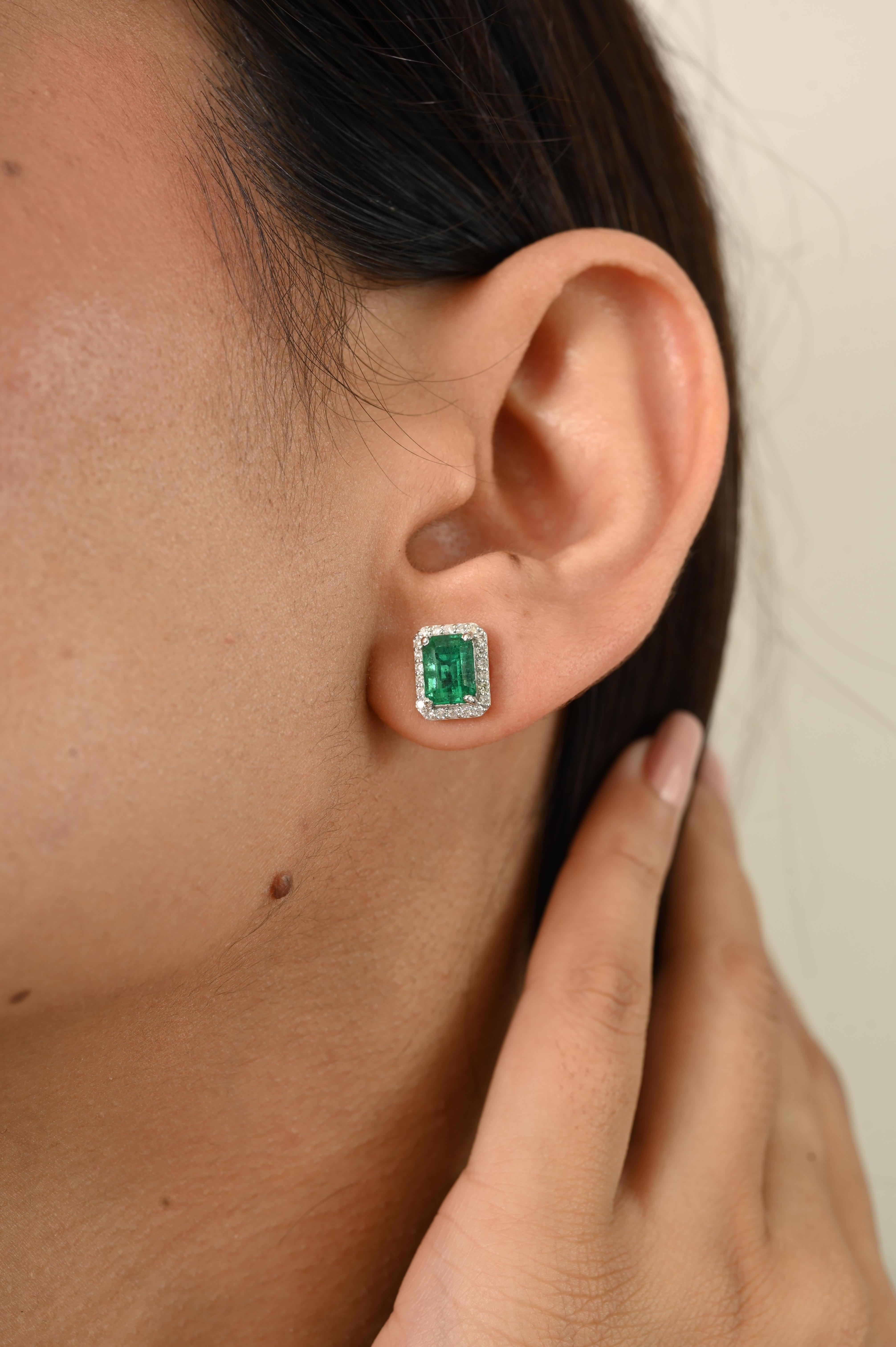 Octagon Cut Elegant 2.09Ct Emerald-Cut Emerald and Diamond Halo Stud Earrings 14k White Gold For Sale
