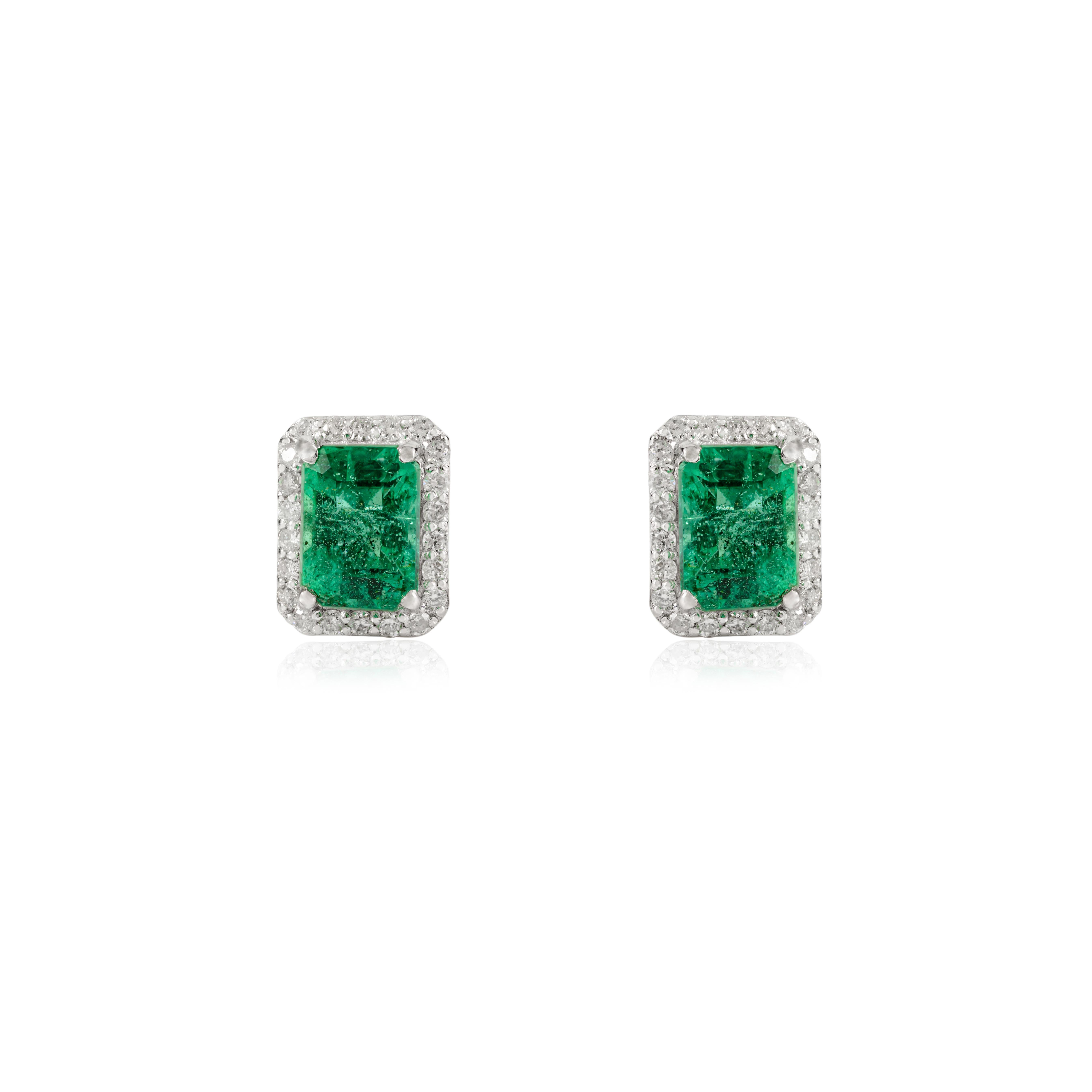 Elegant 2.09Ct Emerald-Cut Emerald and Diamond Halo Stud Earrings 14k White Gold For Sale 3