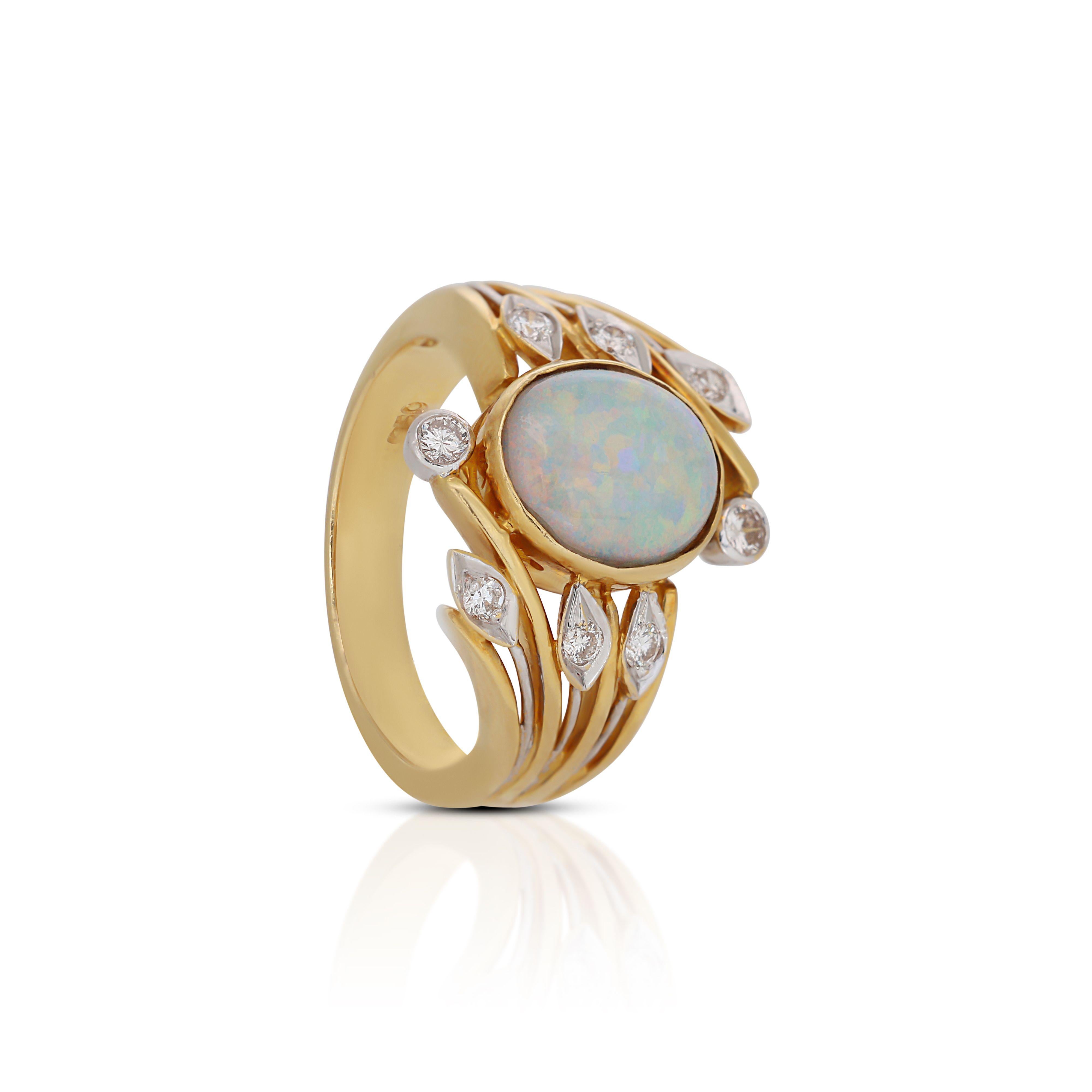  Elegant 20K Yellow Gold Opal Diamond Ring w/ 0.12 ct Natural Diamonds NGI Cert In New Condition For Sale In רמת גן, IL