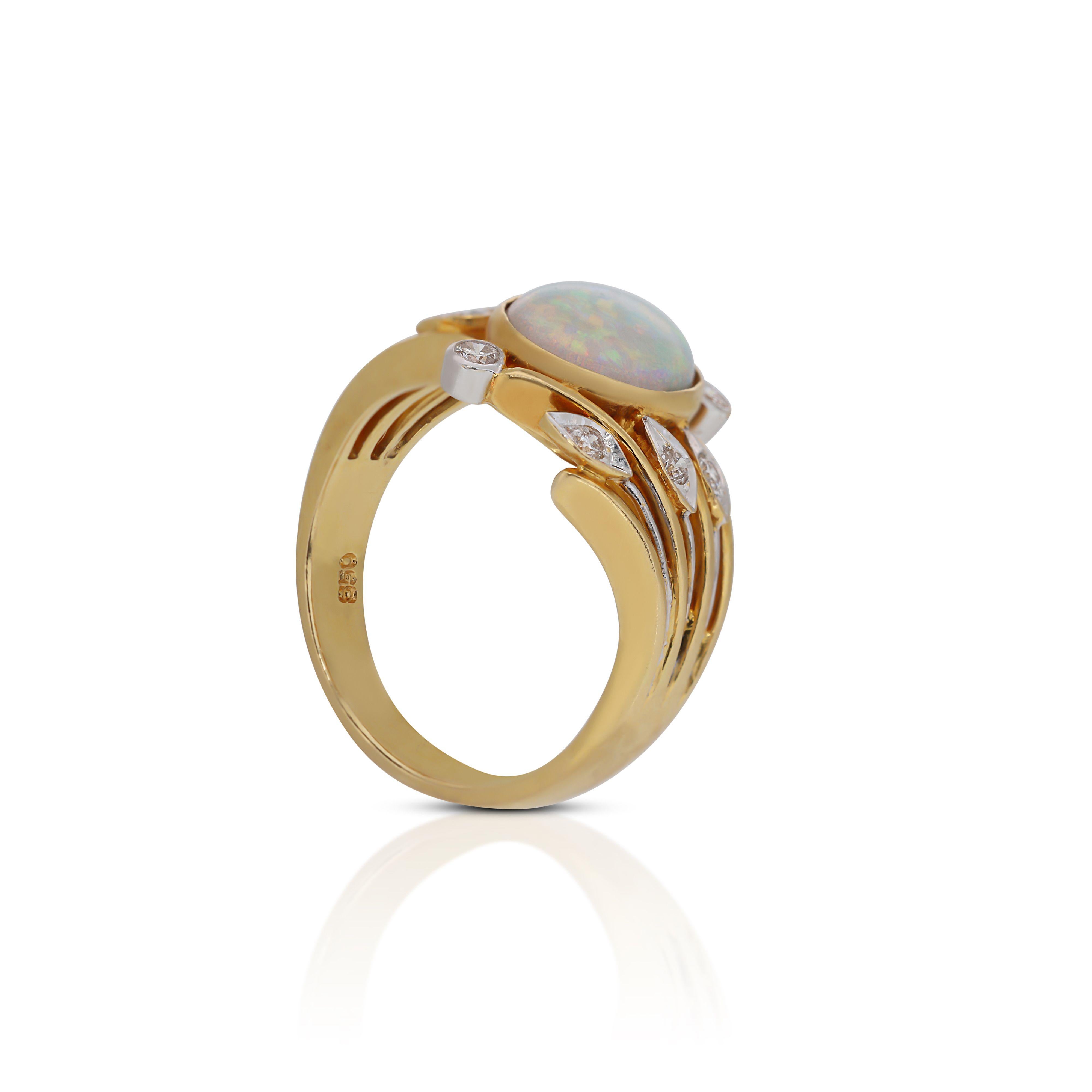 Women's  Elegant 20K Yellow Gold Opal Diamond Ring w/ 0.12 ct Natural Diamonds NGI Cert For Sale