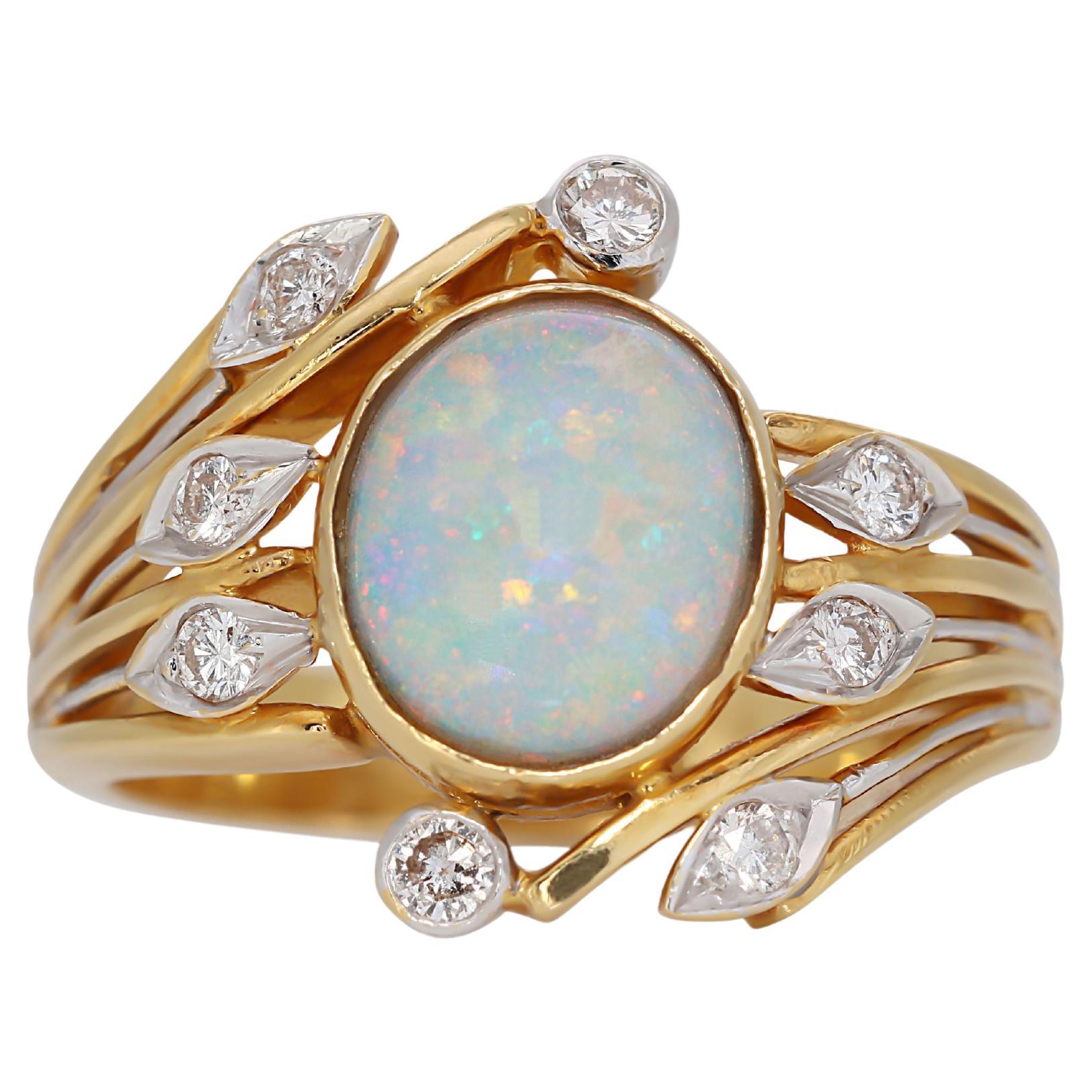  Elegant 20K Yellow Gold Opal Diamond Ring w/ 0.12 ct Natural Diamonds NGI Cert For Sale