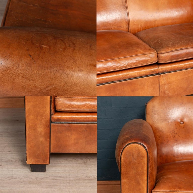 Elegant 20th Century Dutch TwoSeat Tan Leather Sofa For Sale at