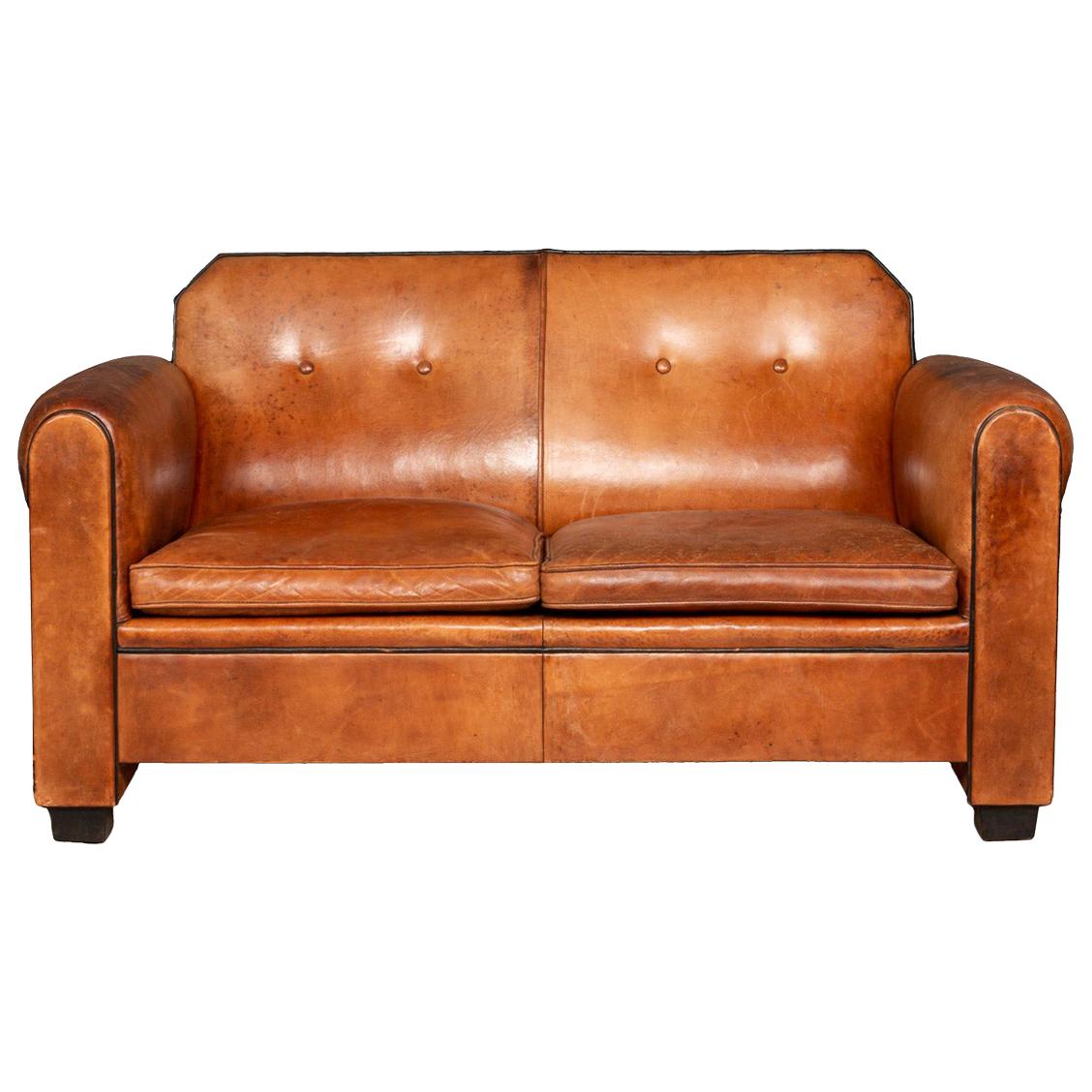 Elegant 20th Century Dutch Two-Seat Tan Leather Sofa For Sale