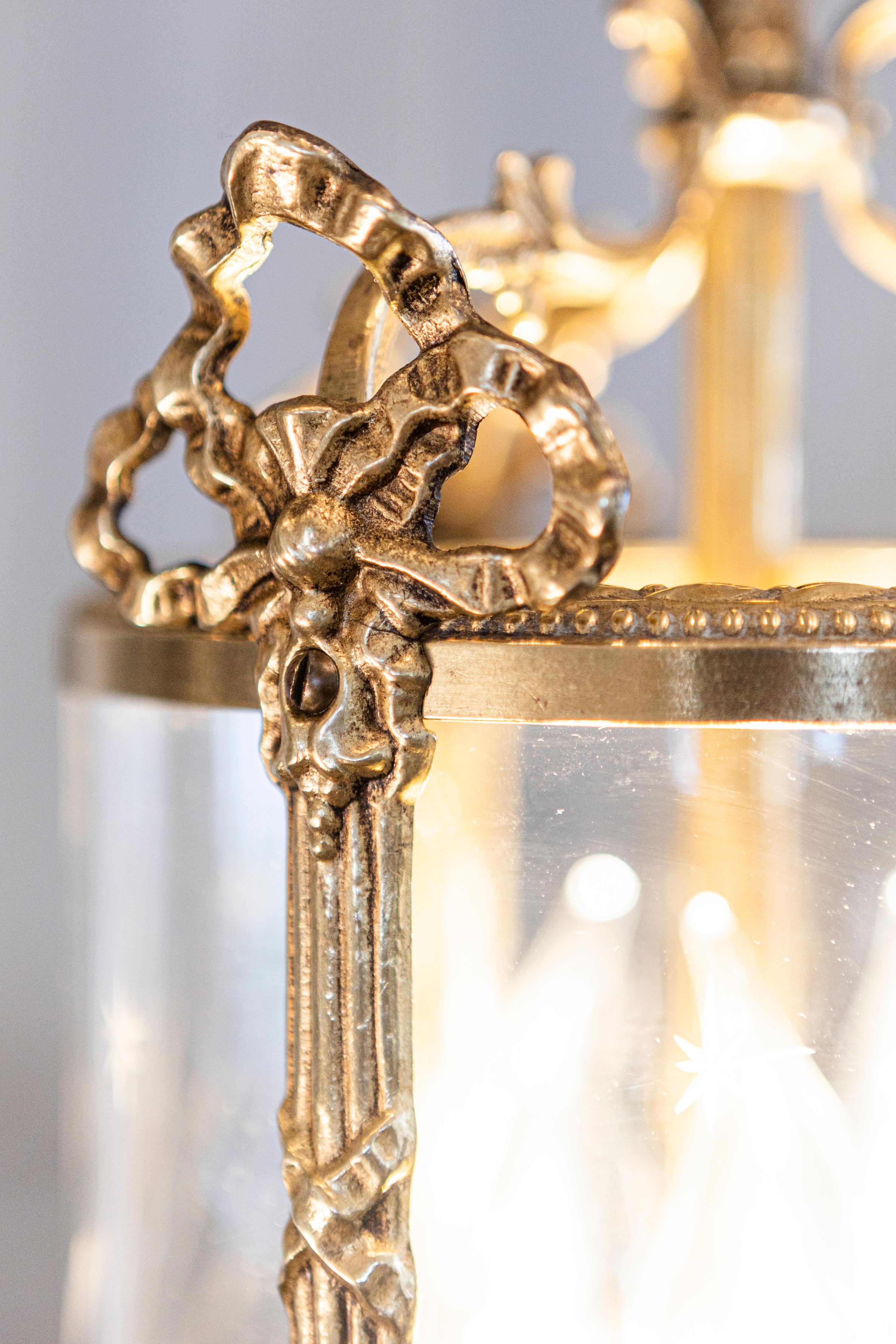 Elegant 20th Century French Gilt Brass Lantern with Etched Glass Panels 8