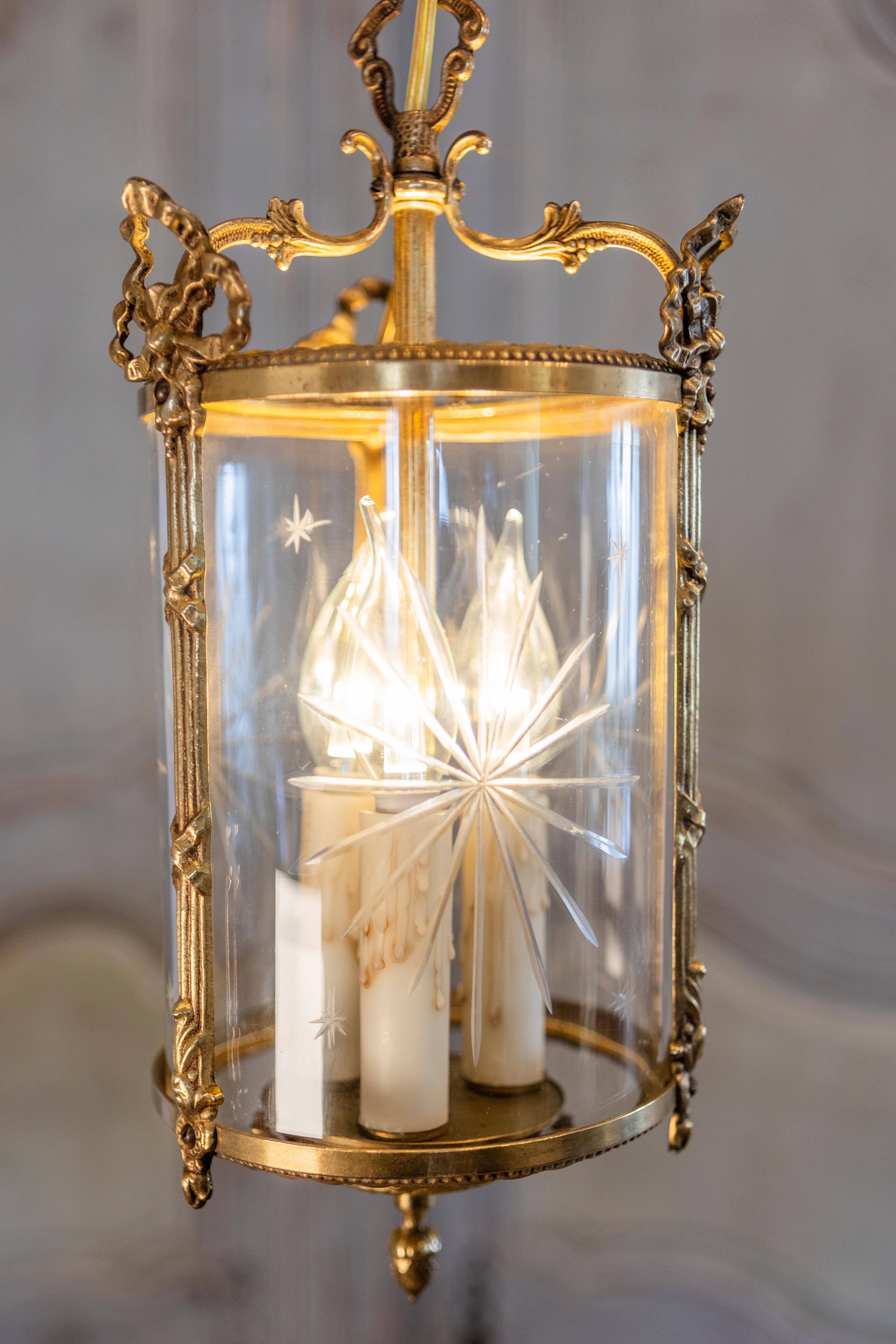 Elegant 20th Century French Gilt Brass Lantern with Etched Glass Panels 9