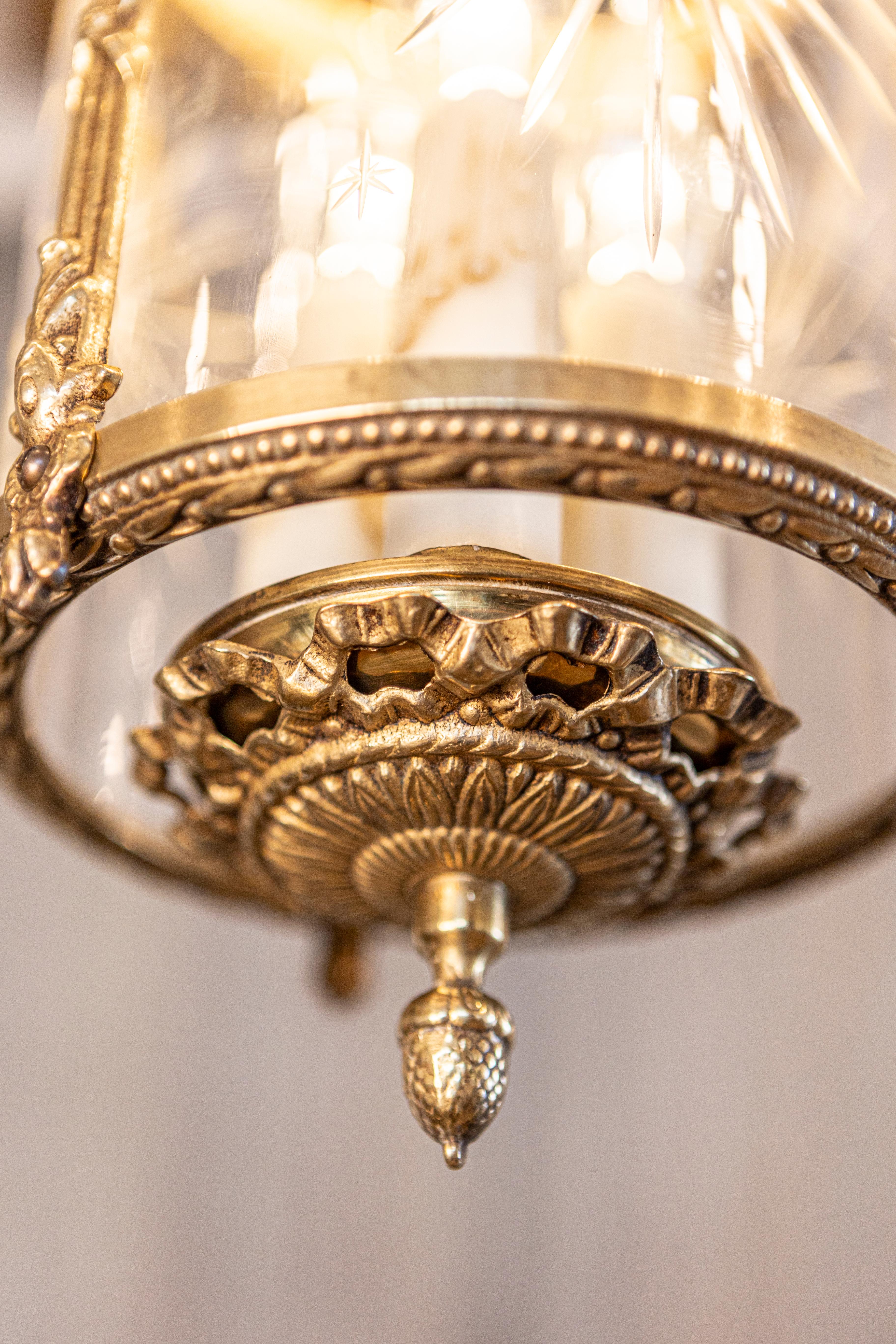 Elegant 20th Century French Gilt Brass Lantern with Etched Glass Panels 10