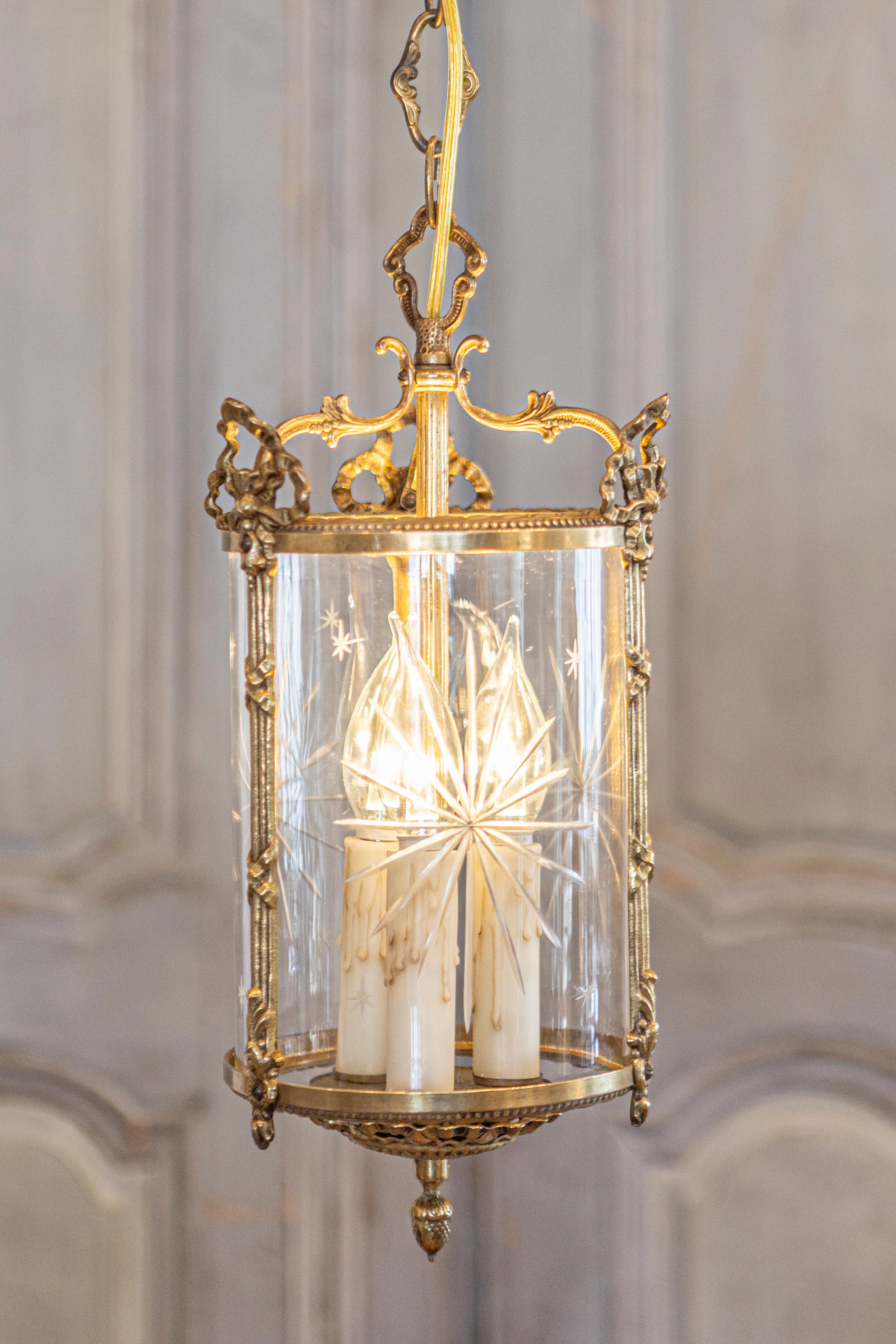 Elegant 20th Century French Gilt Brass Lantern with Etched Glass Panels 1