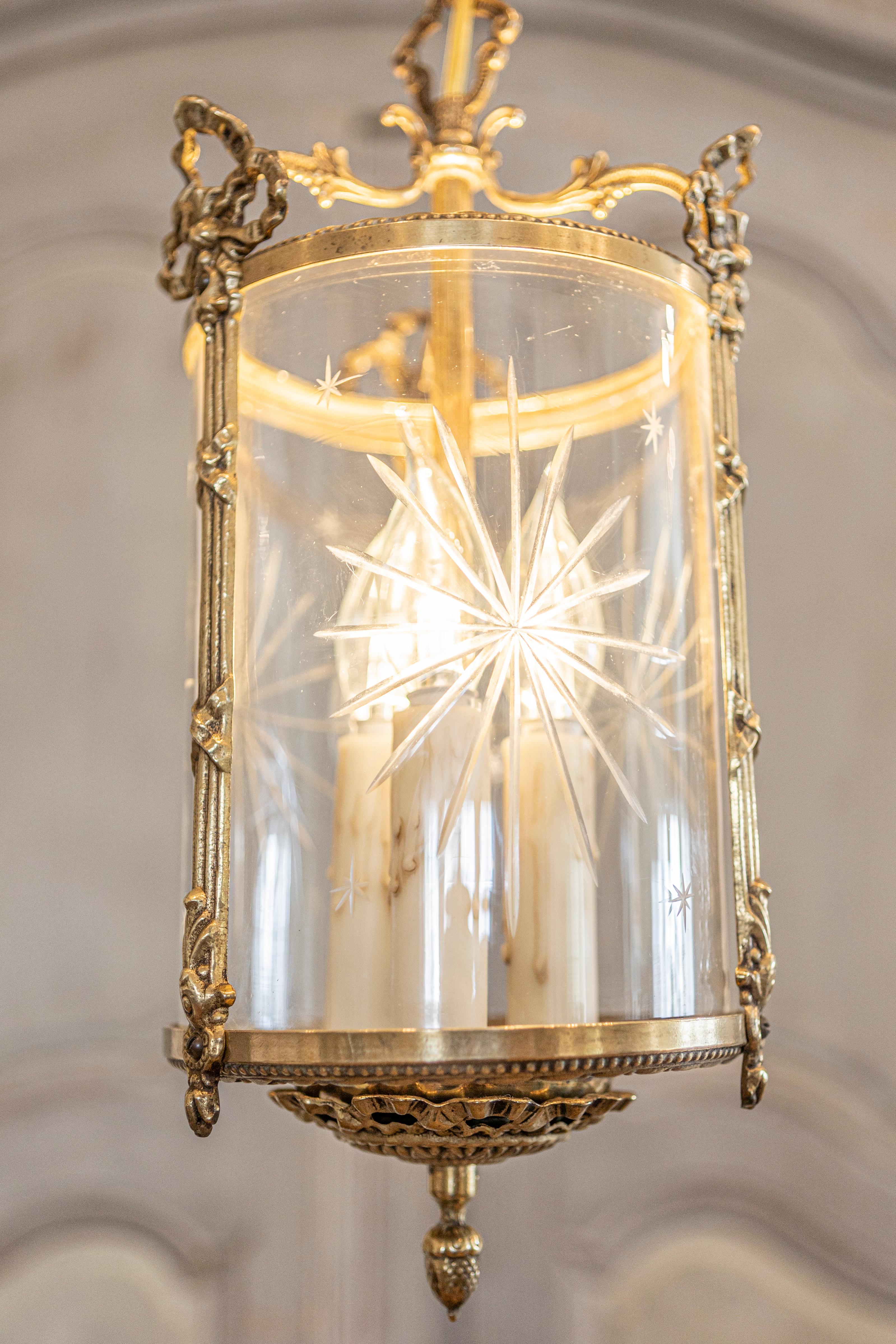 Elegant 20th Century French Gilt Brass Lantern with Etched Glass Panels 3