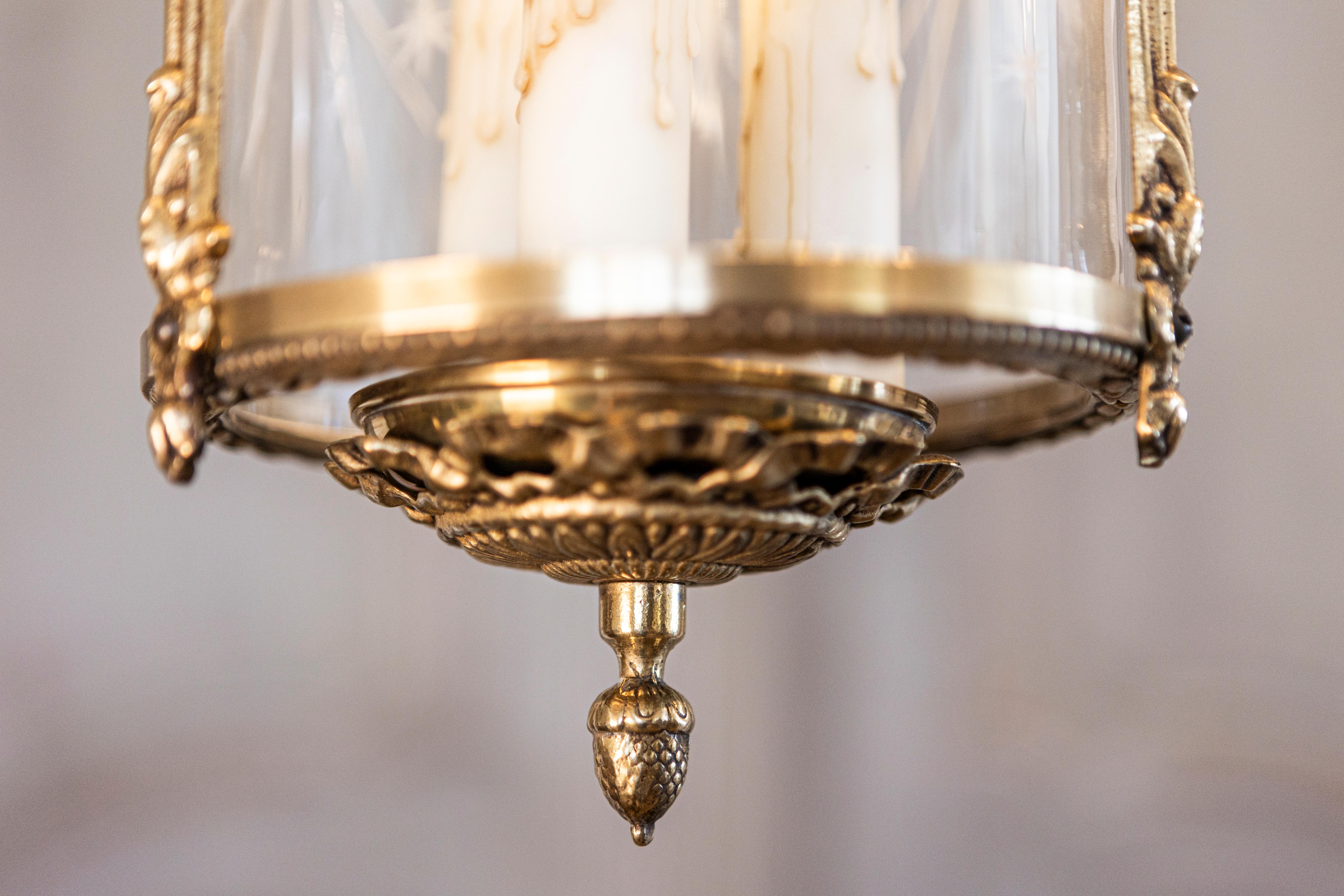 Elegant 20th Century French Gilt Brass Lantern with Etched Glass Panels 5