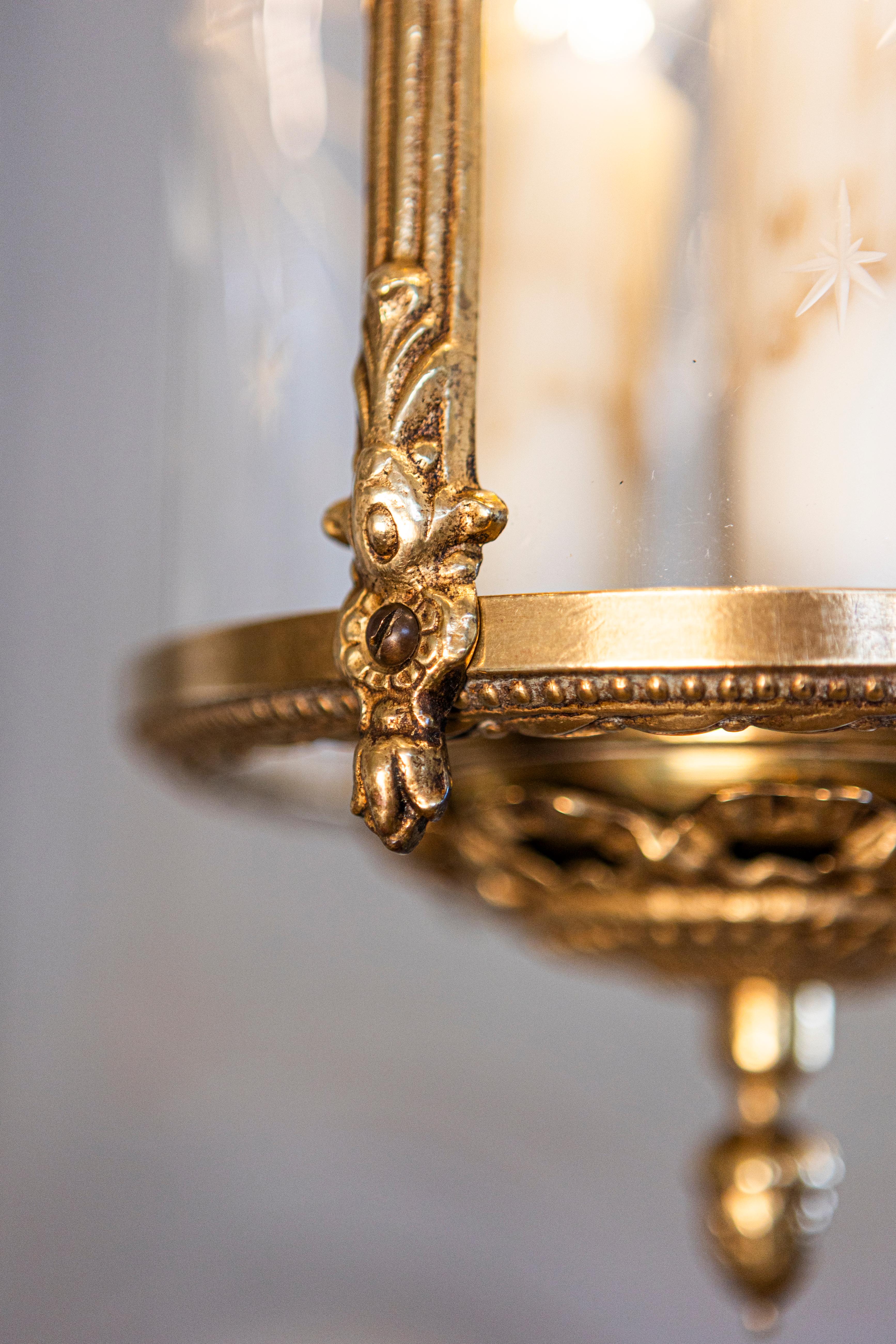 Elegant 20th Century French Gilt Brass Lantern with Etched Glass Panels 6