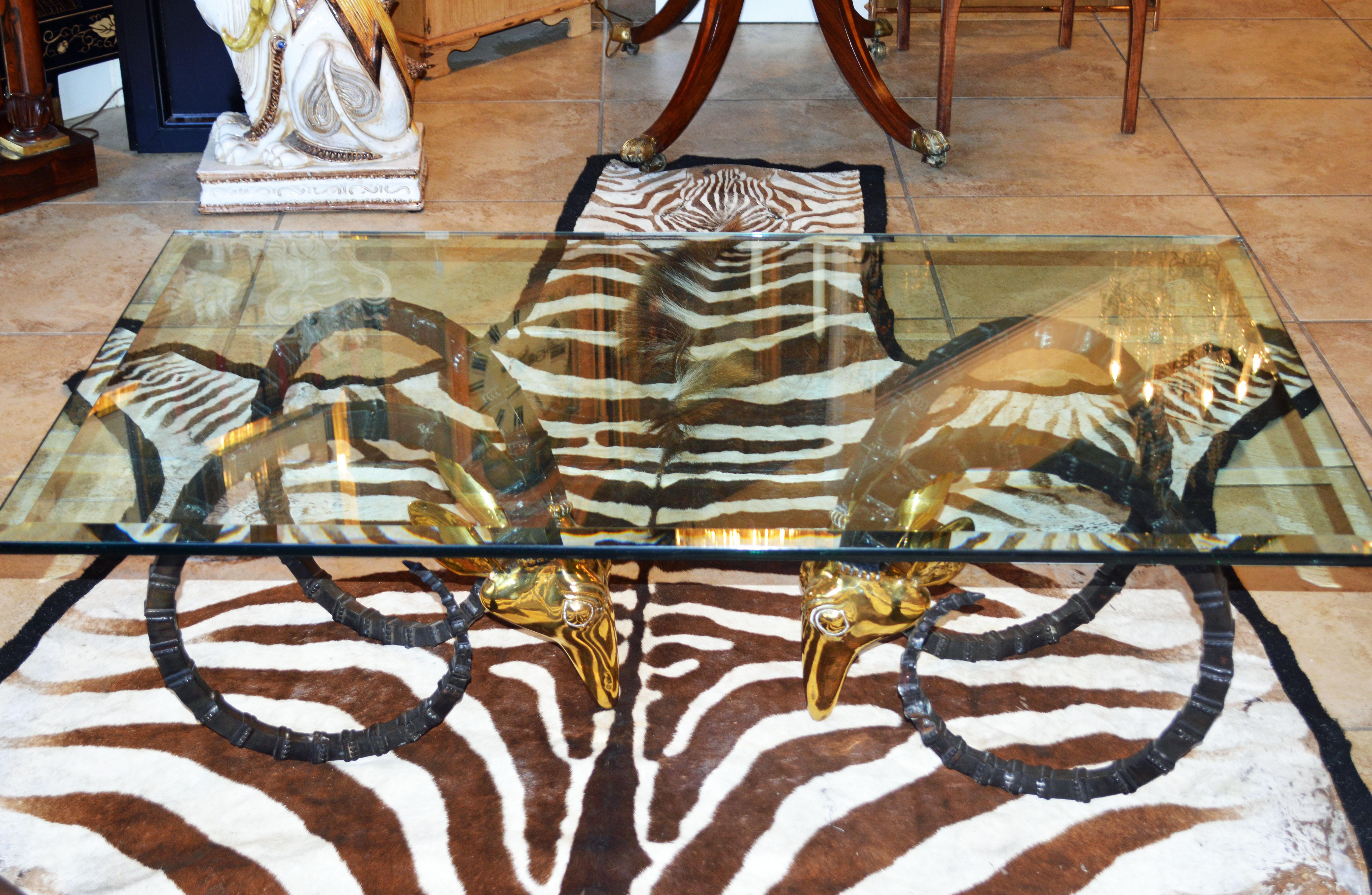 Elegant 20th Century Ibex Head Glass Top Coffee Table Attributed Alain Chervet 6