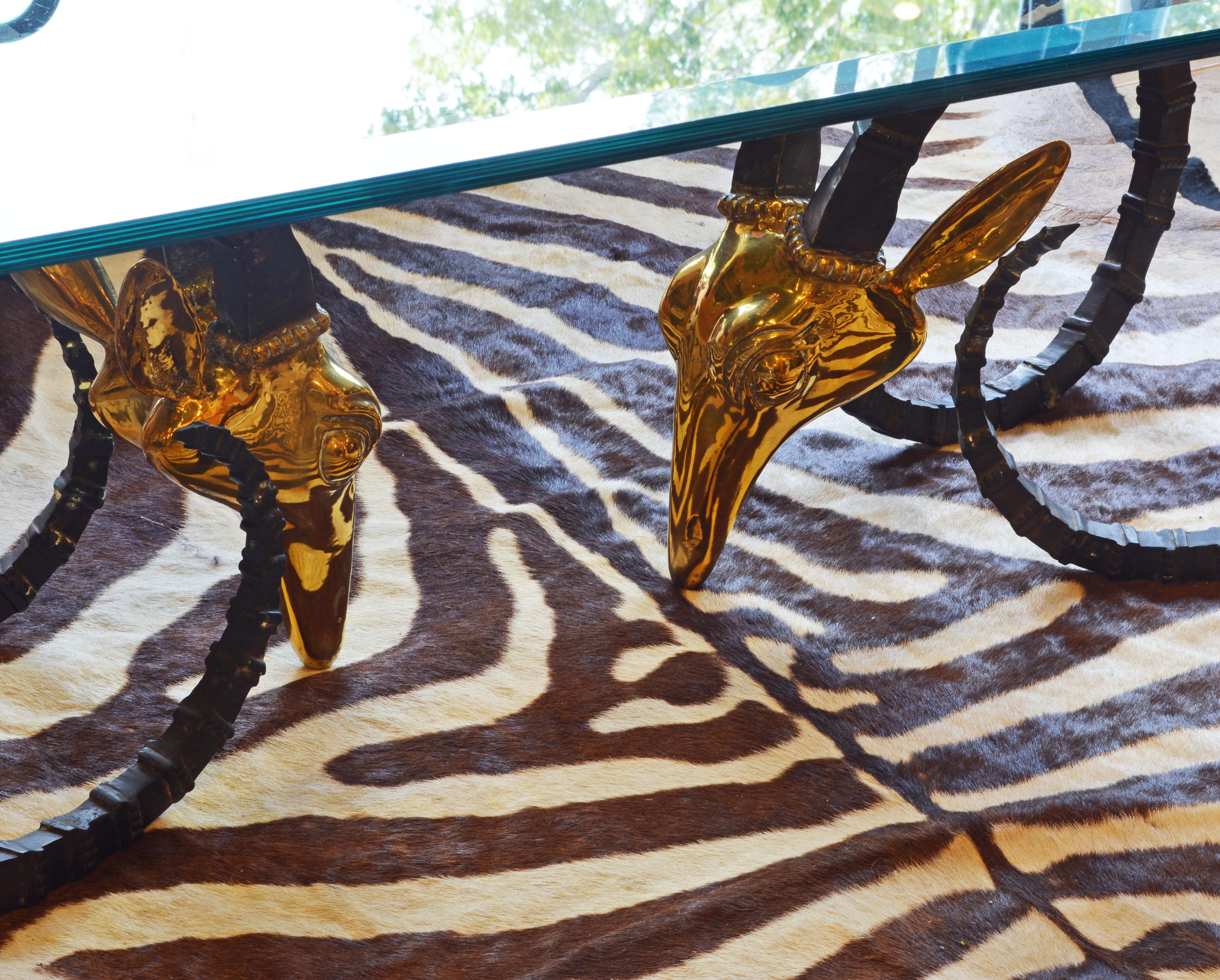 Hollywood Regency Elegant 20th Century Ibex Head Glass Top Coffee Table Attributed Alain Chervet