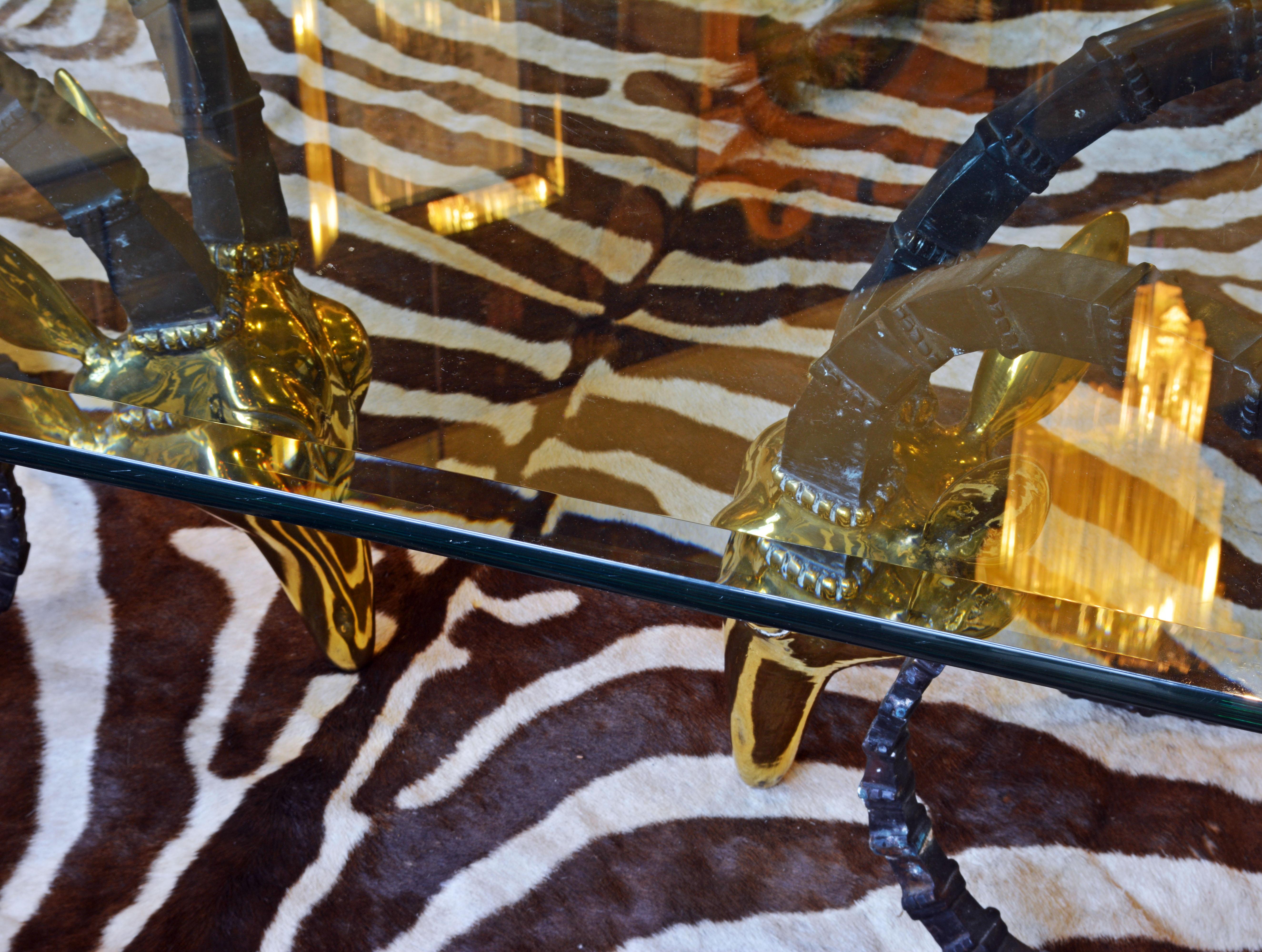 French Elegant 20th Century Ibex Head Glass Top Coffee Table Attributed Alain Chervet