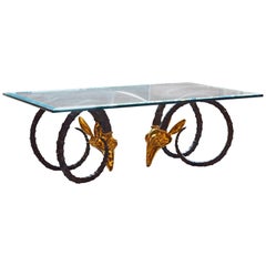 Elegant 20th Century Ibex Head Glass Top Coffee Table Attributed Alain Chervet