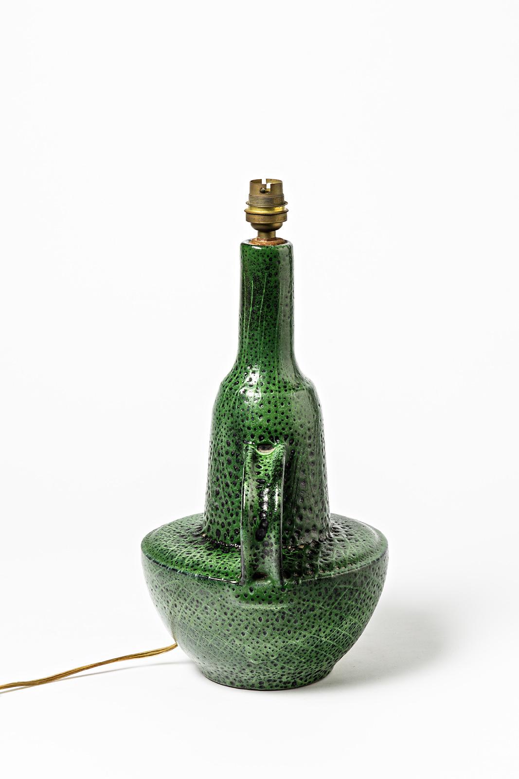 20th Century Elegant 20th Midcentury Green Ceramic Table Lamp by Jean Austruy French Art