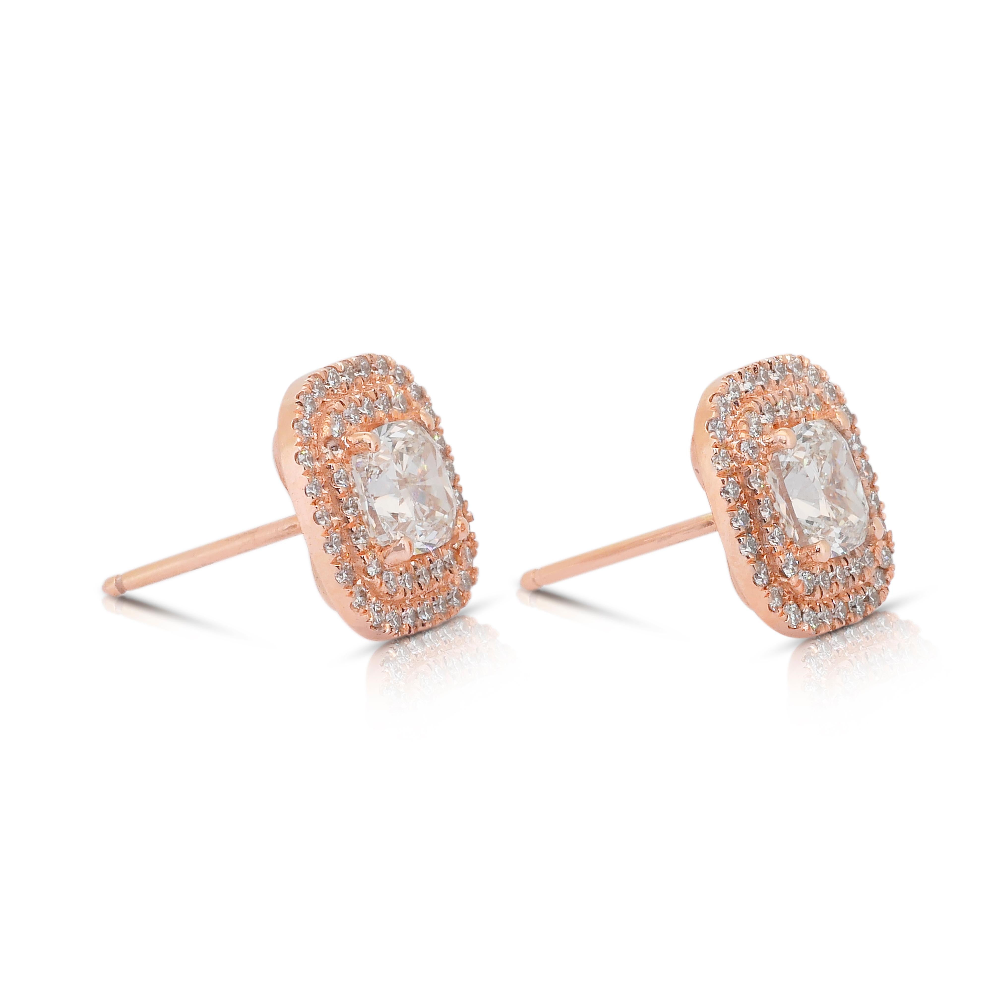 Elegante 2,67ct Diamanten Ohrstecker in 18k Rose Gold - IGI zertifiziert (Kissenschliff) im Angebot