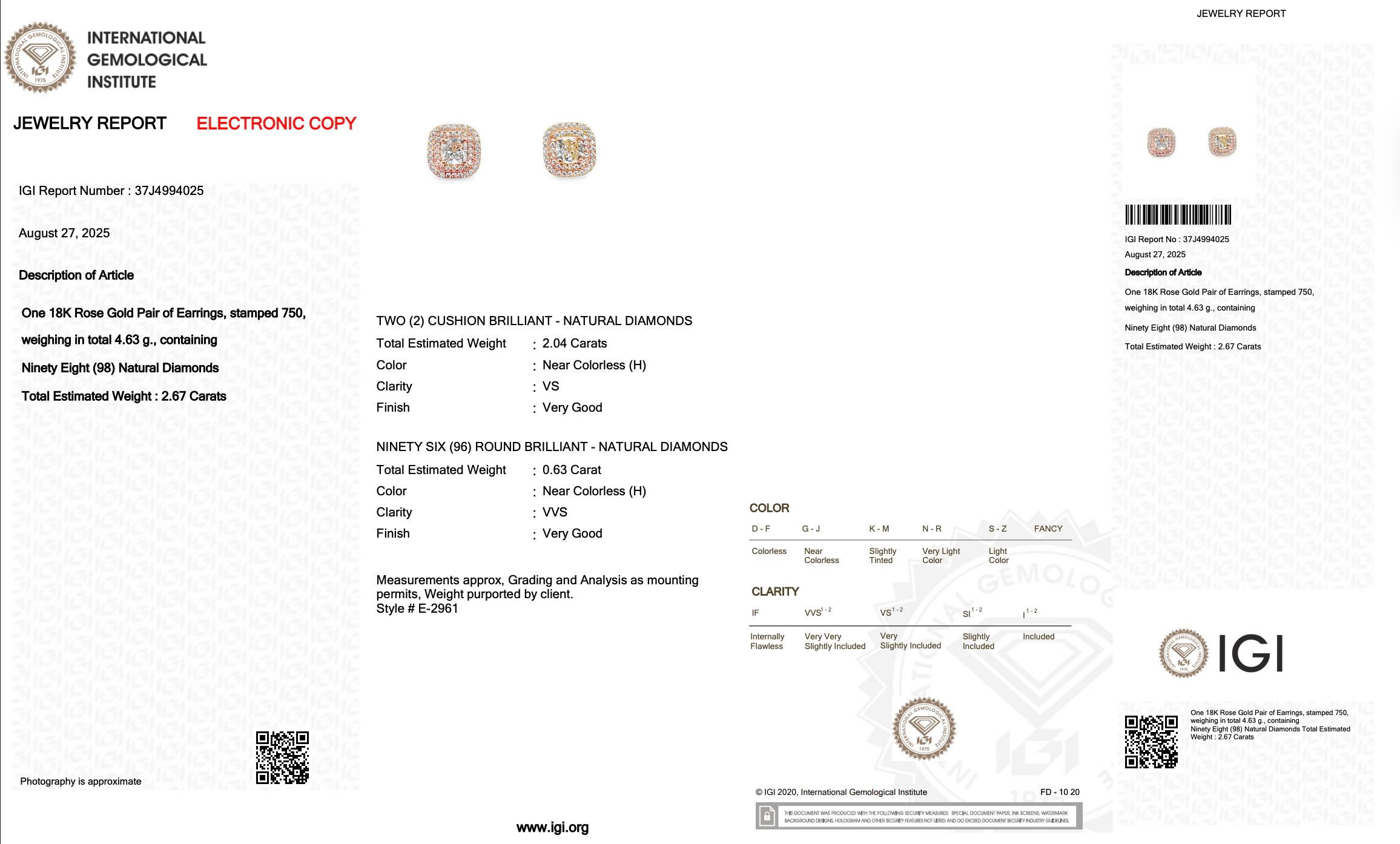 Elegante 2,67ct Diamanten Ohrstecker in 18k Rose Gold - IGI zertifiziert Damen im Angebot