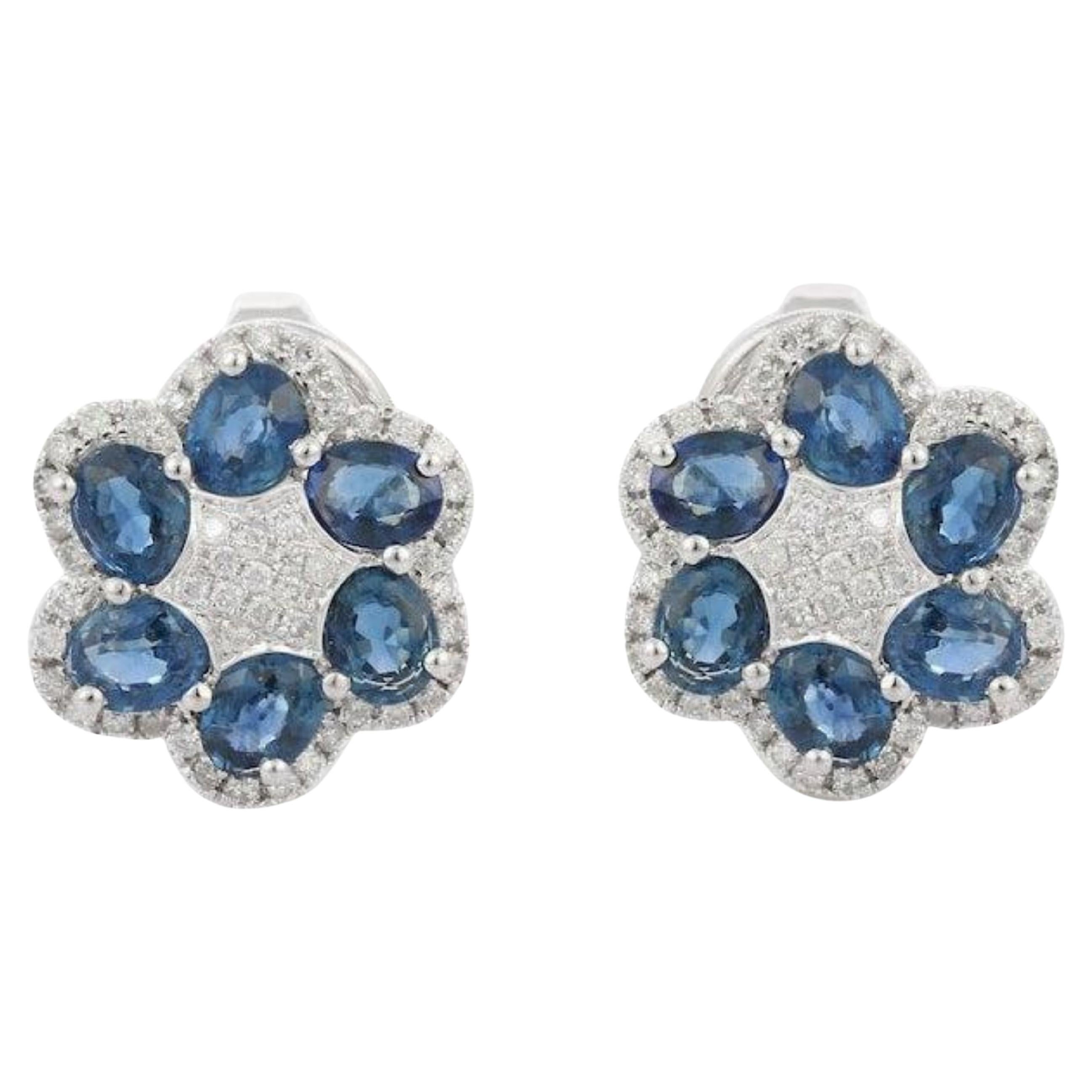 Elegant 2.81 CTW Blue Sapphire Diamond Floral Stud Earrings in 14k White Gold