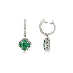 Elegant 2.92Ct Zambian Emerald & Diamond Clover Dangle Drop Earrings in 14k Gold