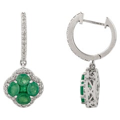 Elegant 2.92Ct Zambian Emerald 
Diamond Clover Dangle Ears in 18k Gold