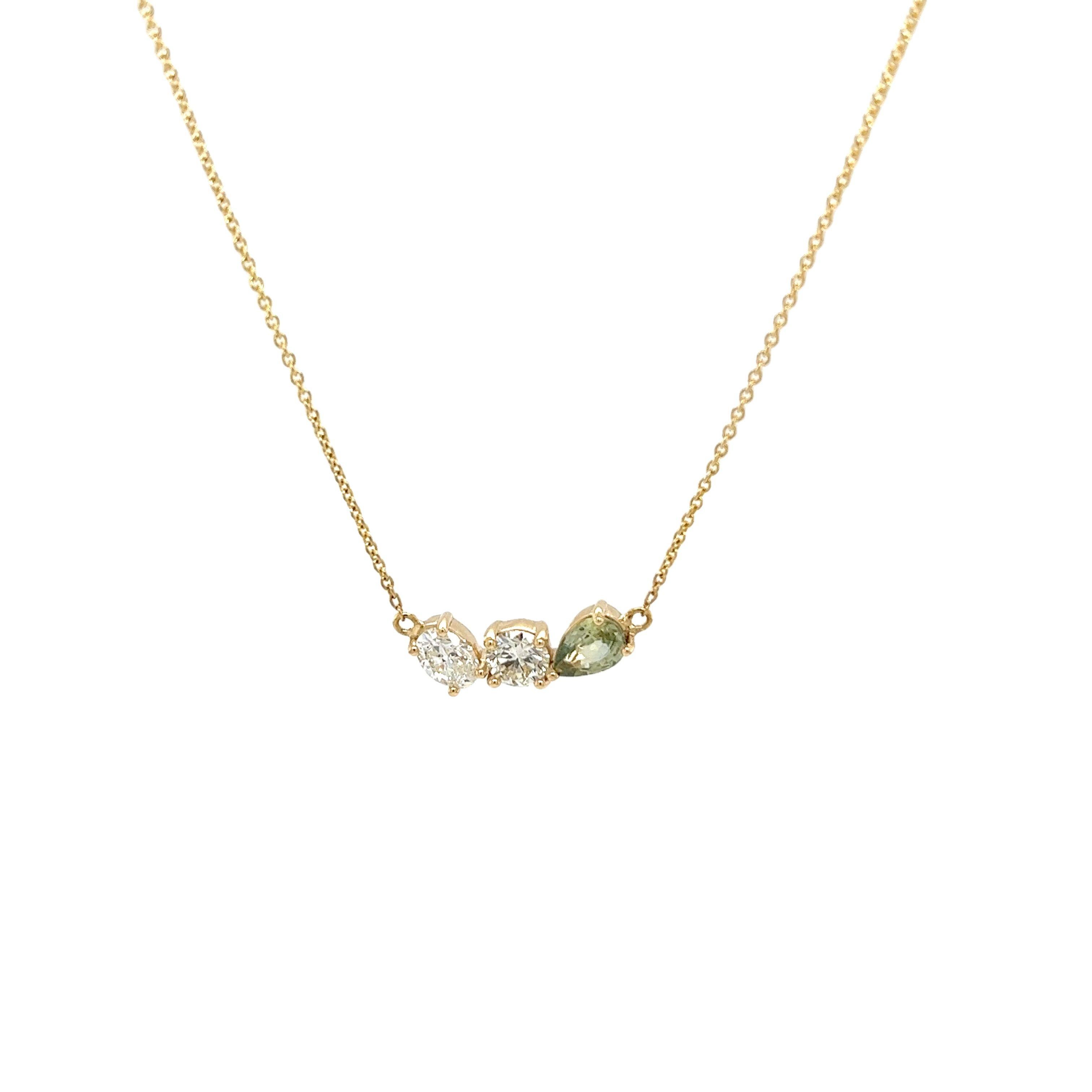 Women's Elegant 3 Stone Pendant Diamond & Green Sapphire Set In 14ct Yellow Gold For Sale