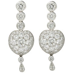 Elegant 3.10 Carat Pave Diamond Platinum Heart Drop Earrings