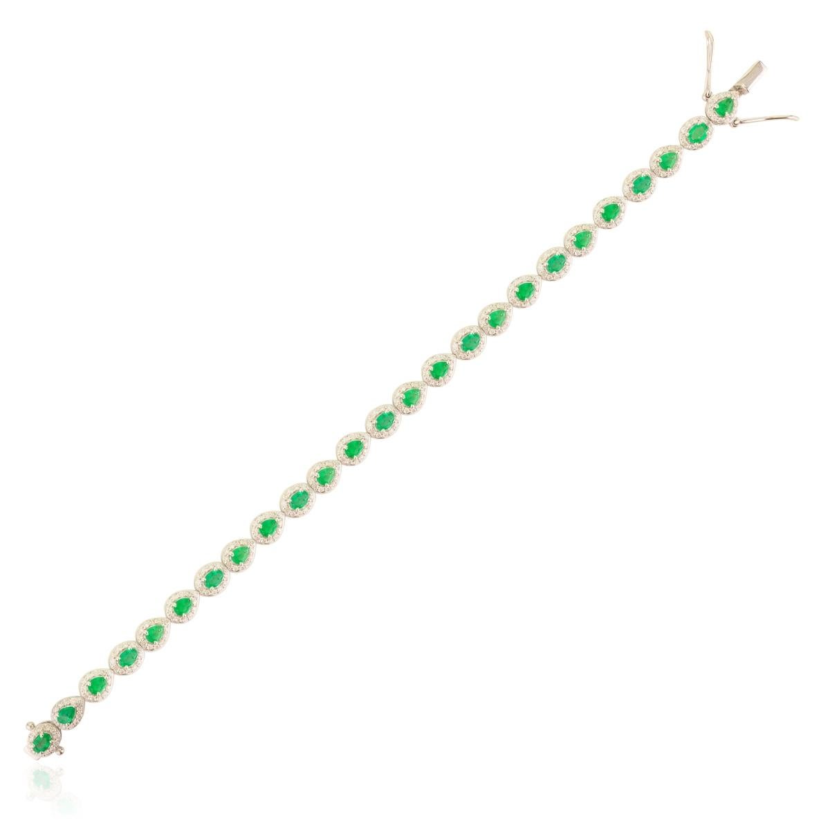 Modern Elegant 3.11 CTW Emerald & Diamond Drop Designer Tennis Bracelet 14k White Gold For Sale