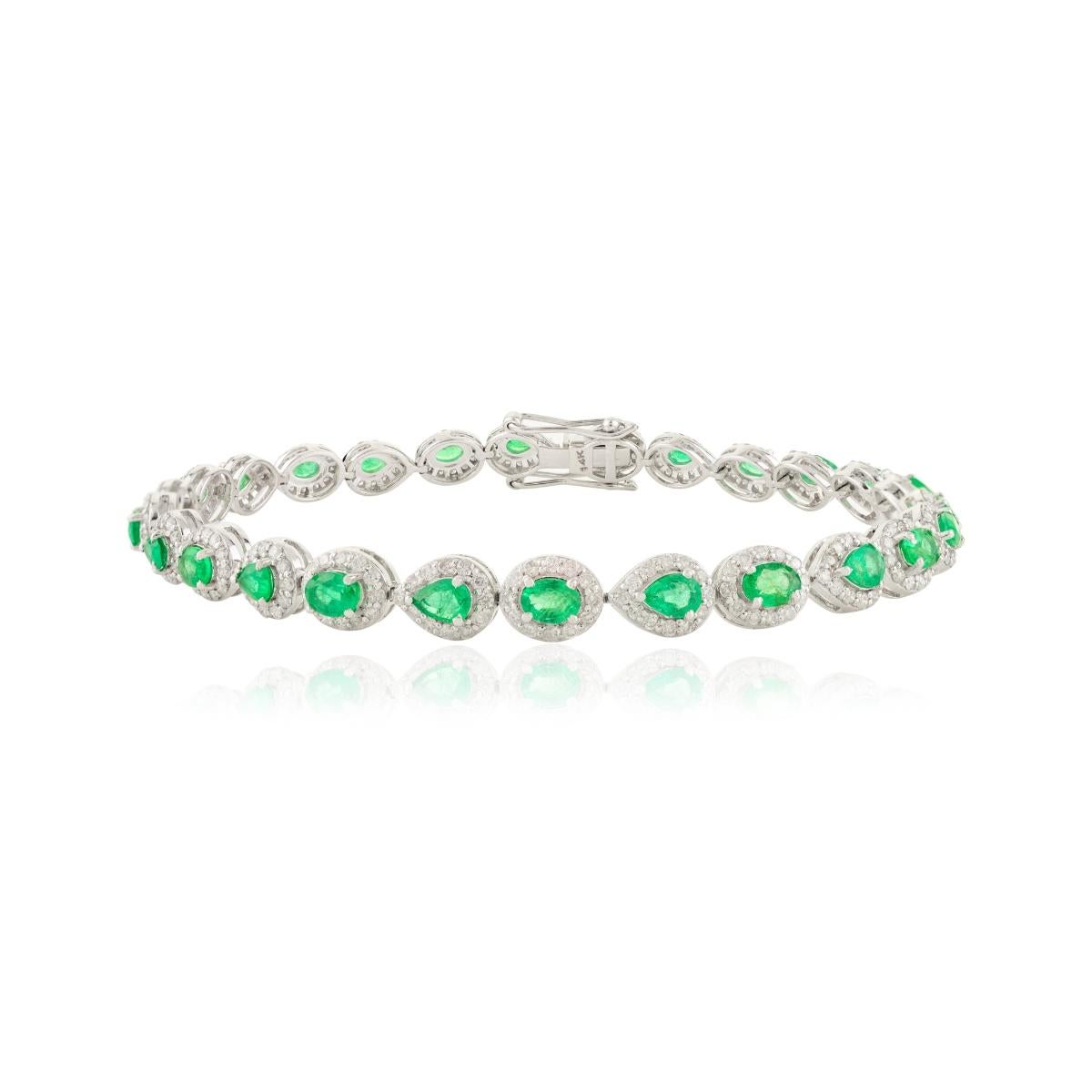 Elegant 3.11 CTW Emerald & Diamond Drop Designer Tennis Bracelet 14k White Gold In New Condition For Sale In New York, NY