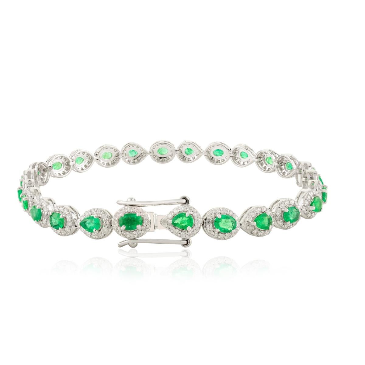 Elegant 3.11 CTW Emerald & Diamond Drop Designer Tennis Bracelet 14k White Gold For Sale 1