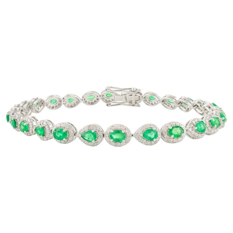 Elegant 3.11 CTW Emerald & Diamond Drop Designer Tennis Bracelet 14k White Gold