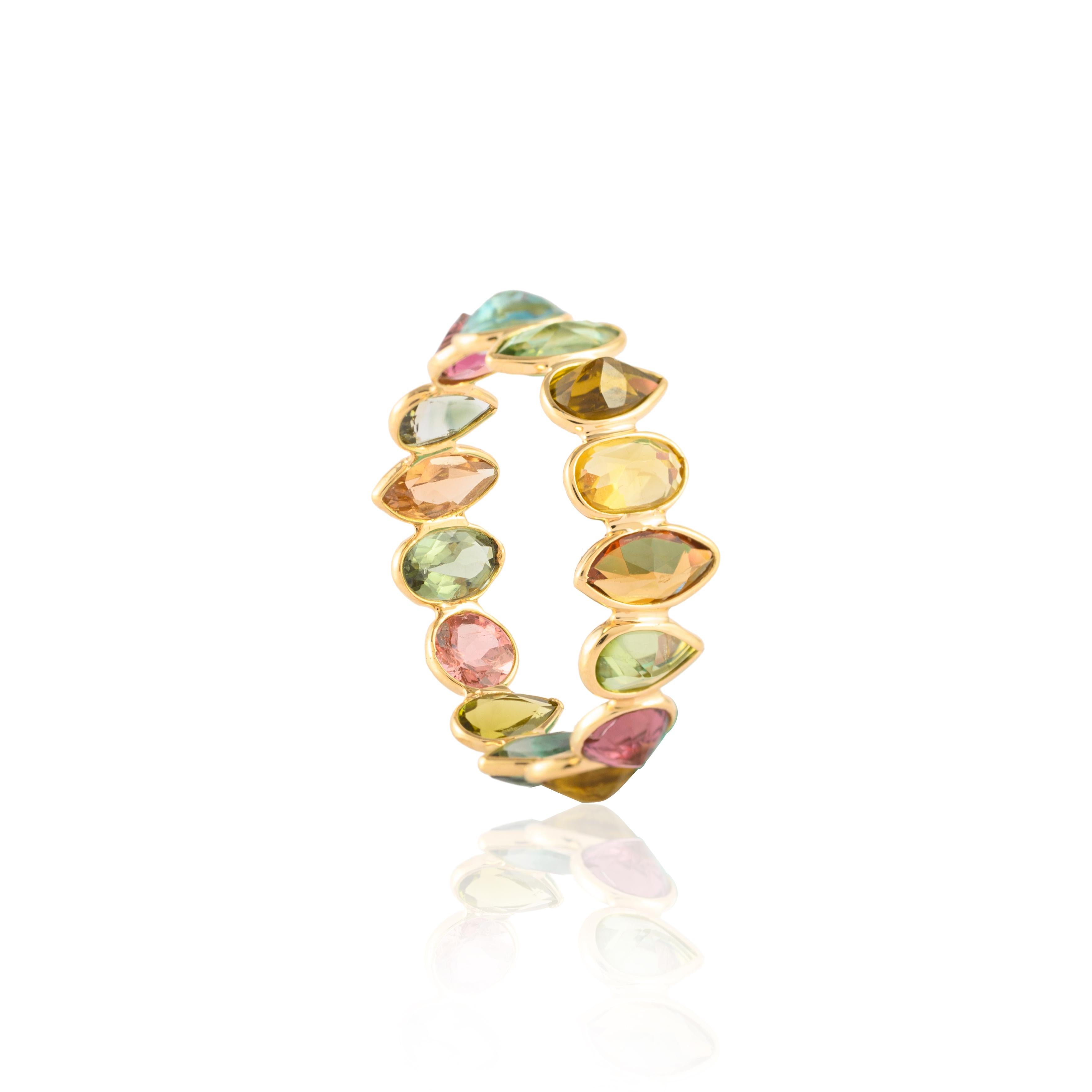 For Sale:  Elegant 3.64ct Multi Tourmaline Full Eternity Band Ring in 18k Solid Yellow Gold 10