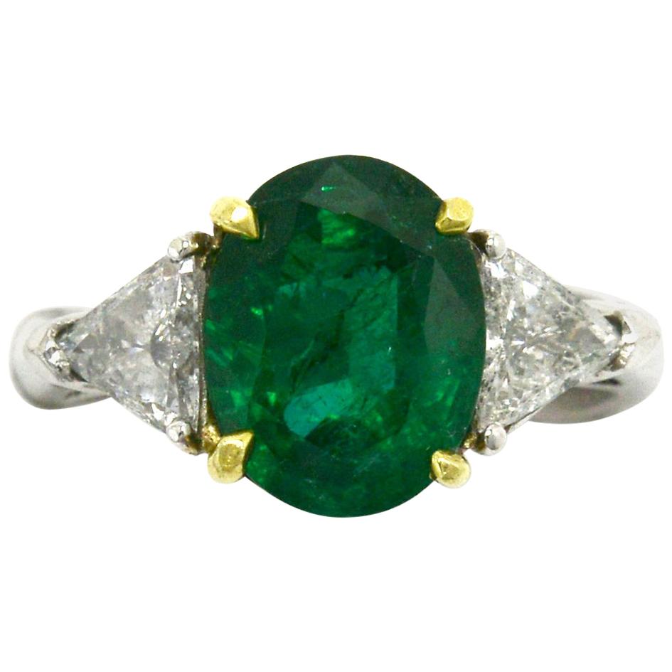 Elegant 4 Carat Emerald Engagement Ring Oval 3-Stone Triangle Diamonds Platinum