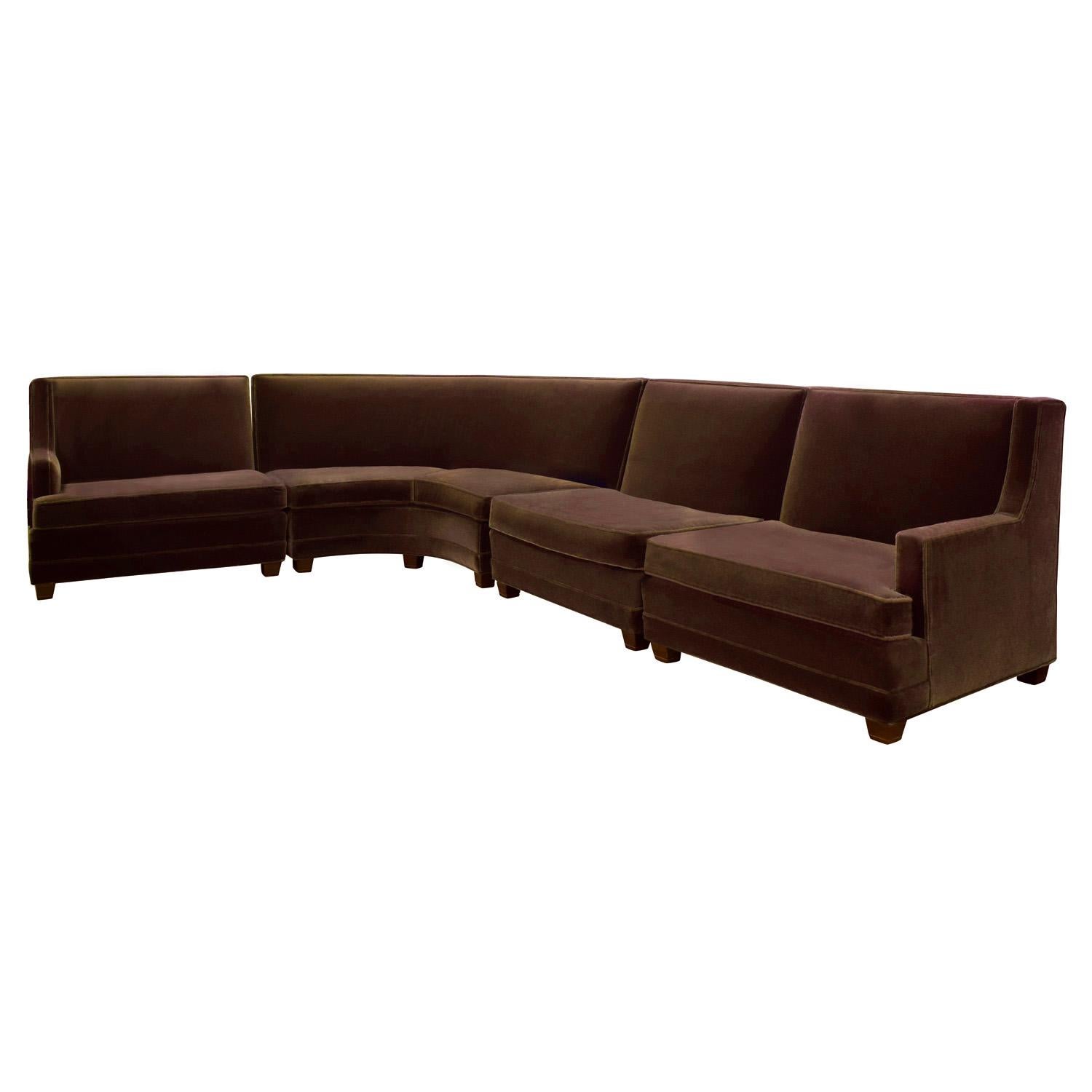 Curved 4 piece modular sofa with mahogany legs, custom design, American 1940's. This sofa allows you to configure it in multiple ways with the slipper chair separate if that suits your furniture plan. Either side can be the long side with the