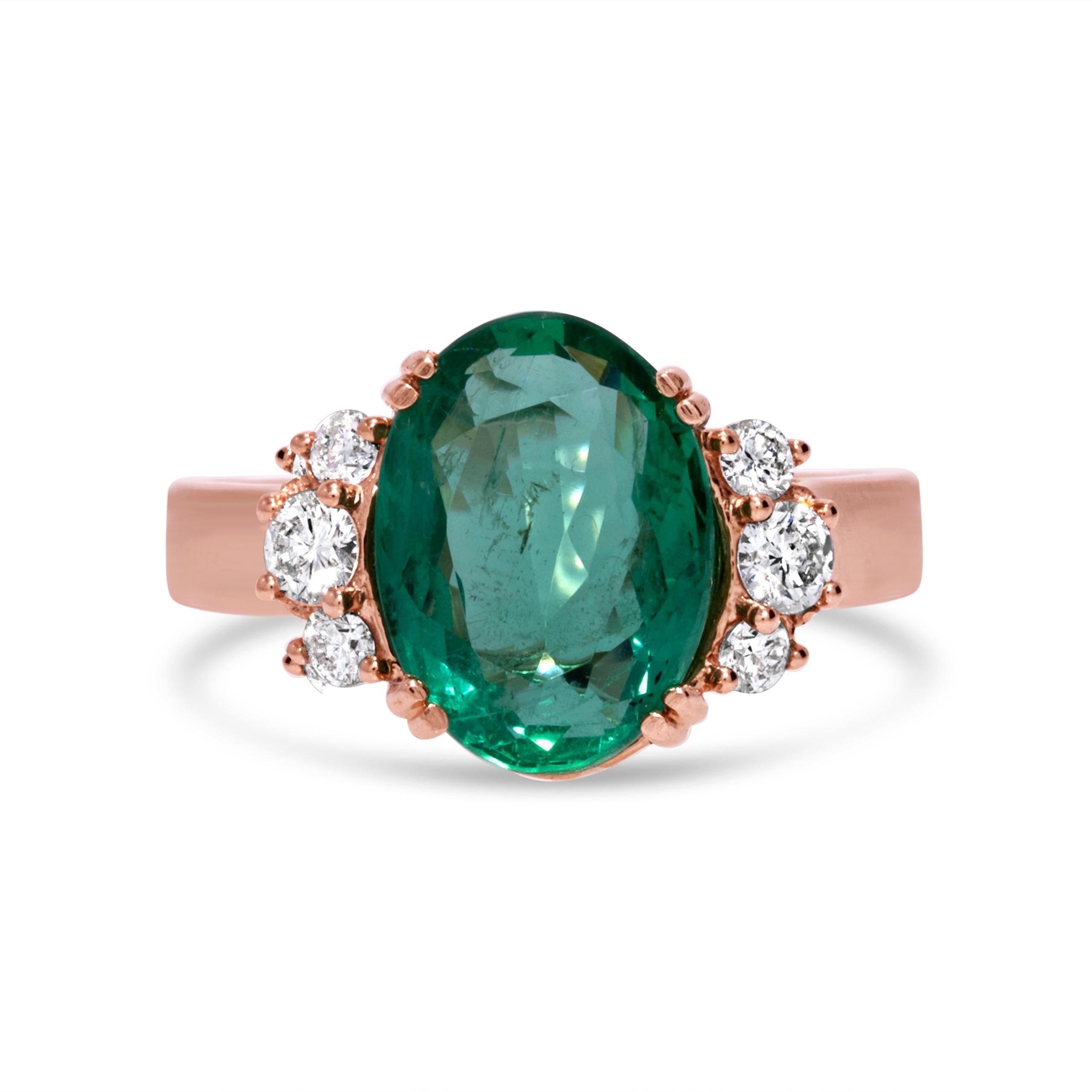 Contemporary Elegant 4.10 Carat Certified Green Oval Emerald & Diamond Ring in 14k Rose Gold For Sale