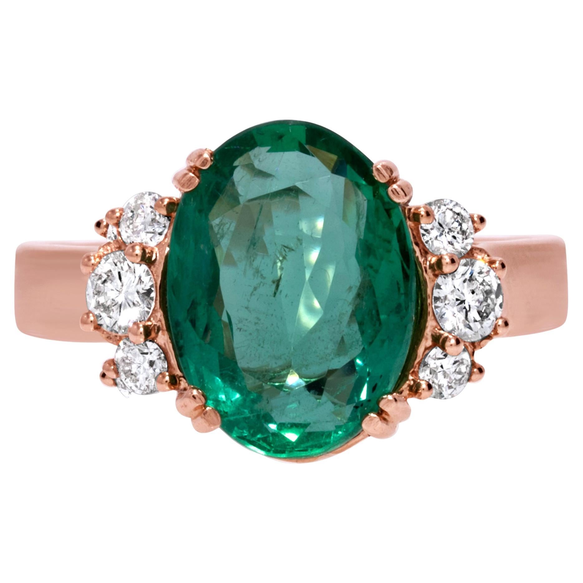 Elegant 4.10 Carat Certified Green Oval Emerald & Diamond Ring in 14k Rose Gold For Sale
