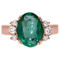 Elegant 4.10 Carat Certified Green Oval Emerald & Diamond Ring in 14k Rose Gold