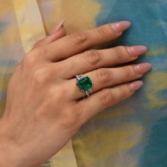 4.10Ct Emerald and Diamond Halo Engagement Ring In 18k White Gold