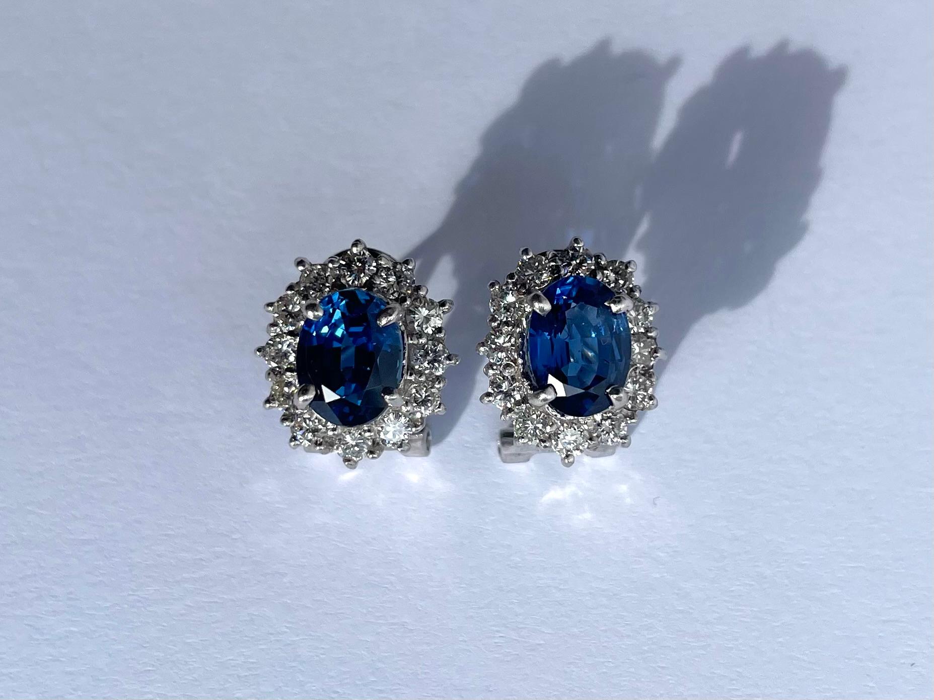 Brilliant Cut Elegant 4.30ctw Sapphire & Diamond Halo Earrings in Platinum For Sale