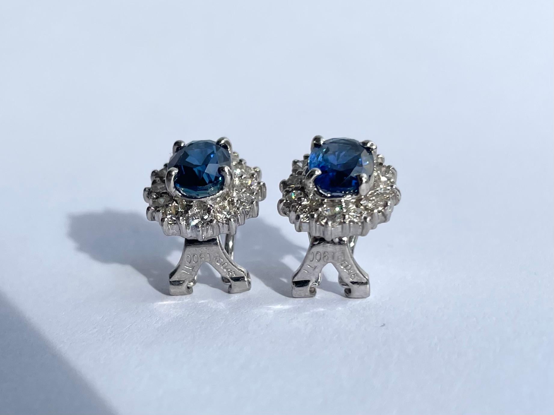Elegant 4.30ctw Sapphire & Diamond Halo Earrings in Platinum In Excellent Condition For Sale In Boston, MA