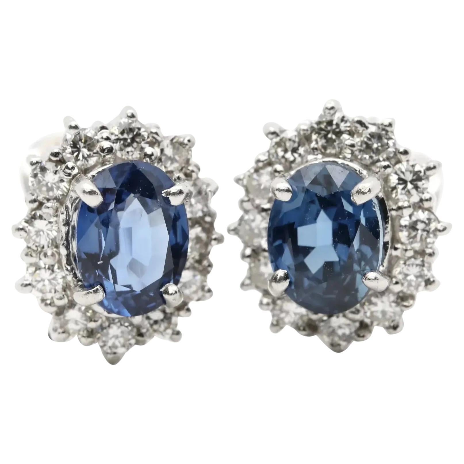 Elegant 4.30ctw Sapphire & Diamond Halo Earrings in Platinum For Sale
