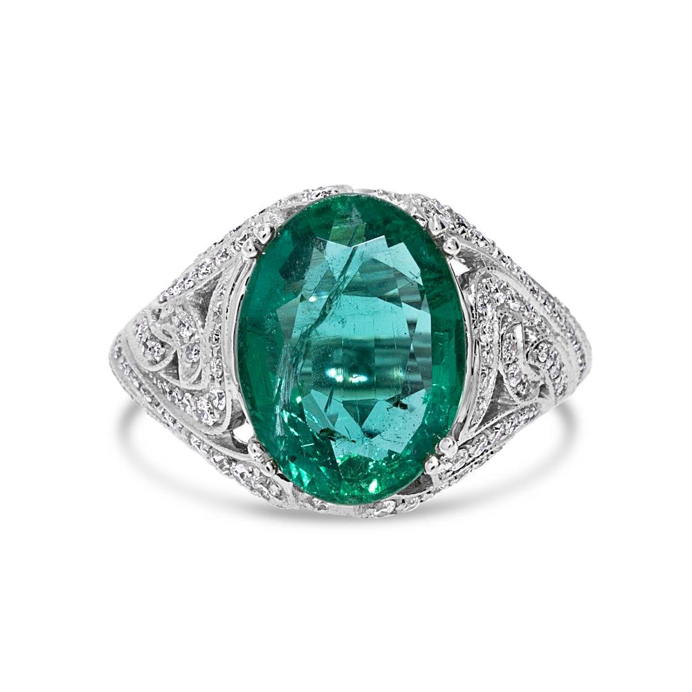 Elegant 4.43ct Certified Green Oval Emerald & Diamond Ring in 14k White Gold