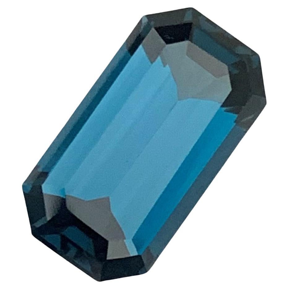 Elegant 4.85 Carat Faceted London Blue Topaz Ring Gem Emerald Cut Stone For Sale