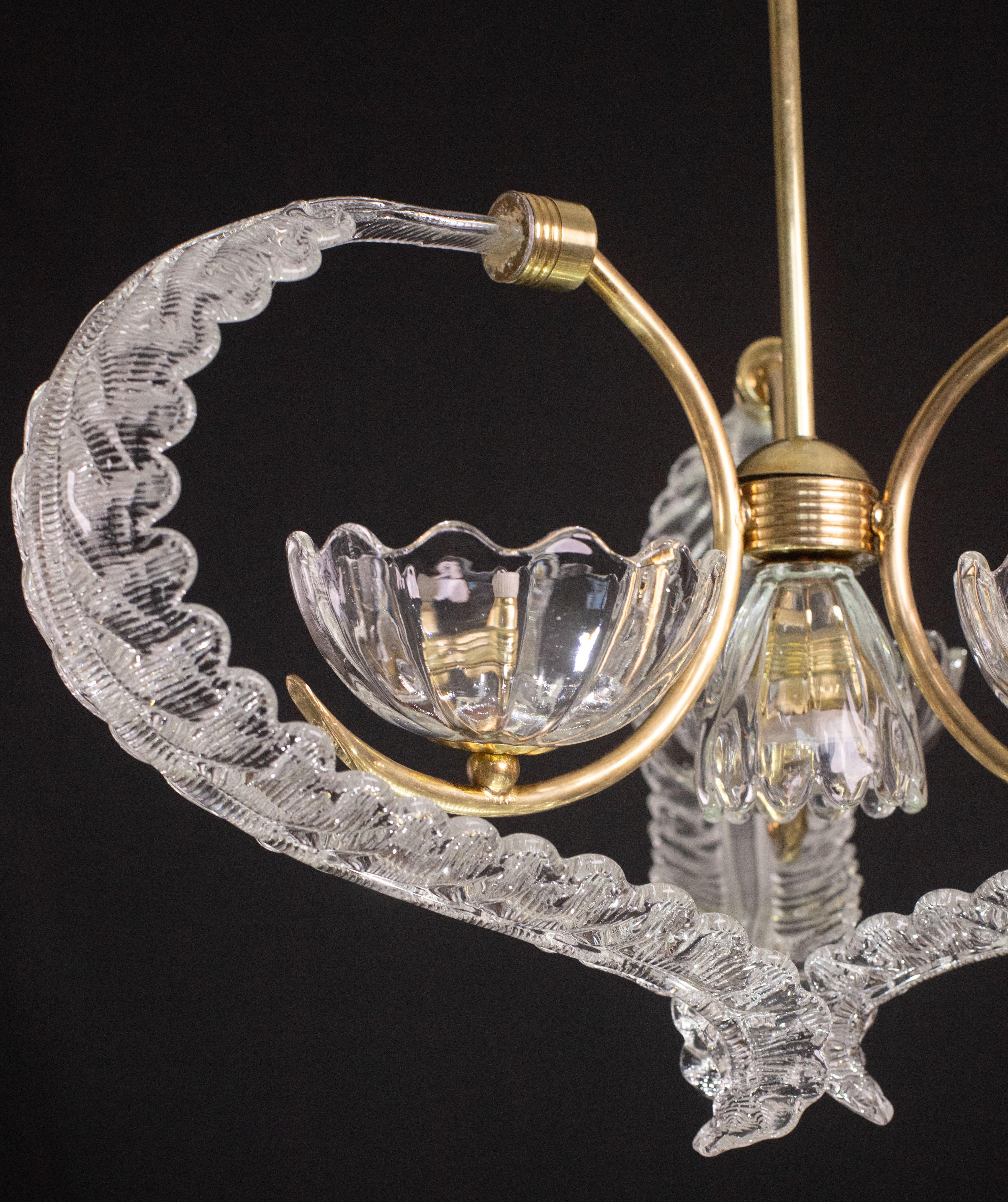 Elegant 4 Light Art Deco Murano Glass and Brass Chandelier by Barovier For Sale 5