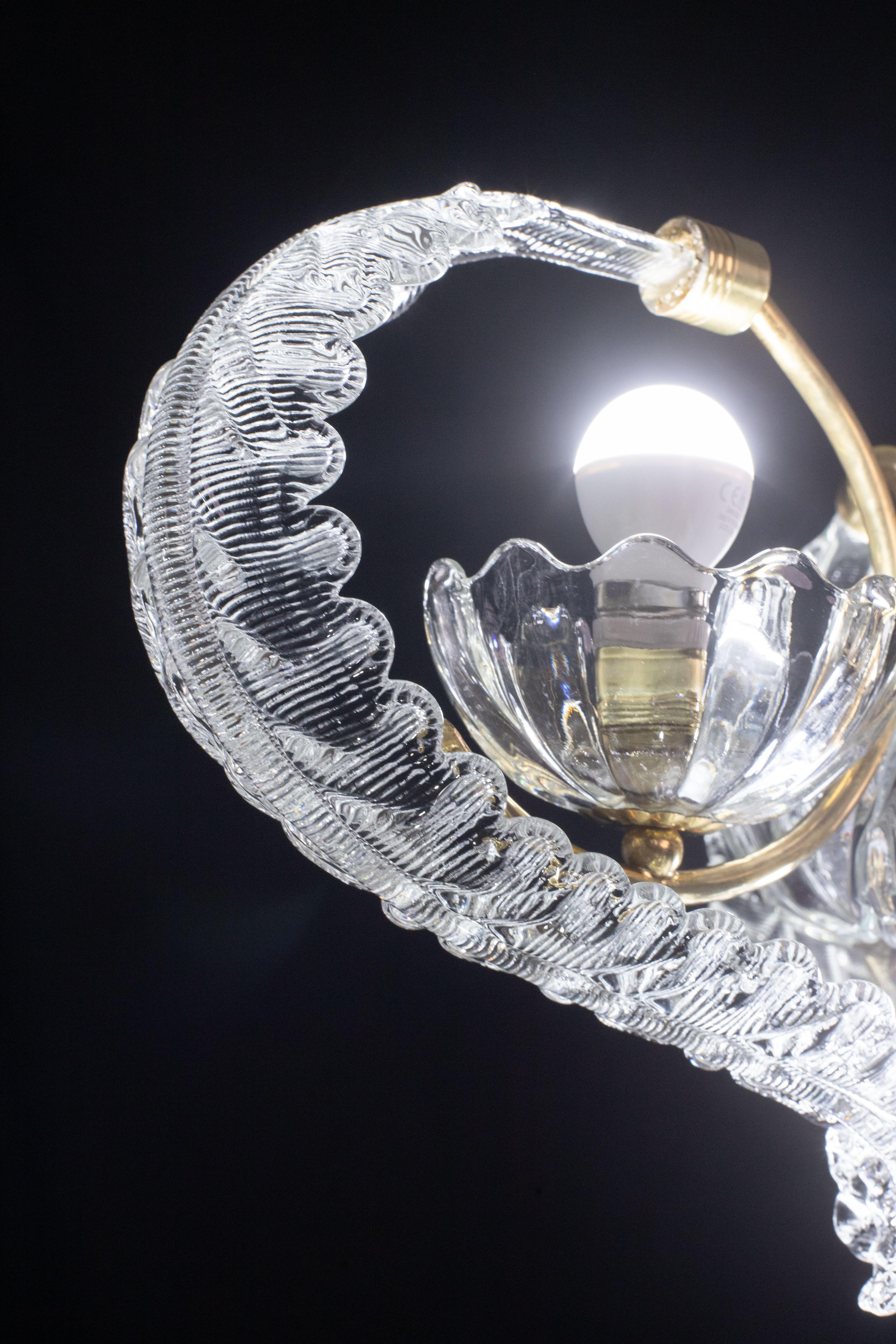 Elegant 4 Light Art Deco Murano Glass and Brass Chandelier by Barovier For Sale 6