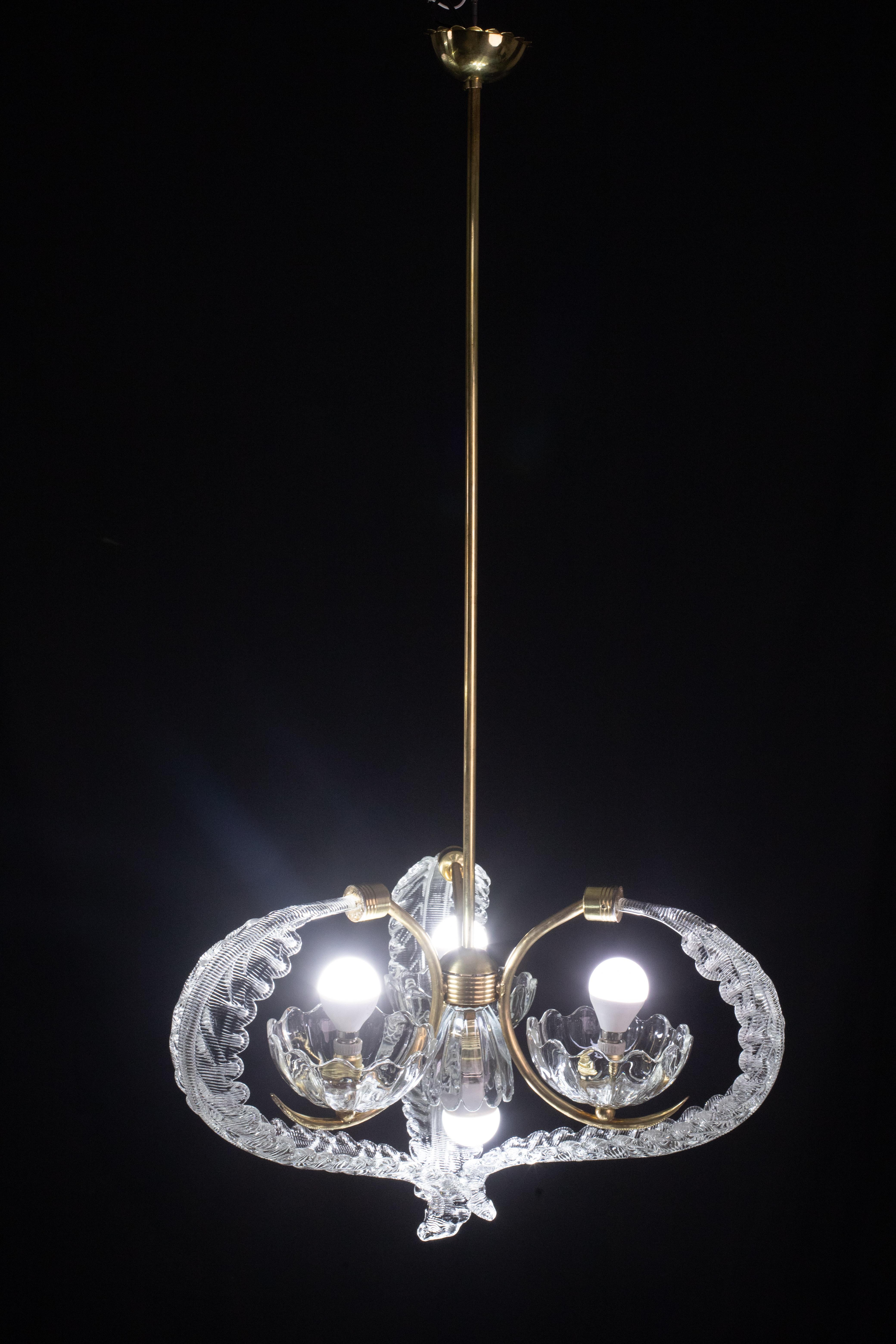 Elegant 4 Light Art Deco Murano Glass and Brass Chandelier by Barovier For Sale 7
