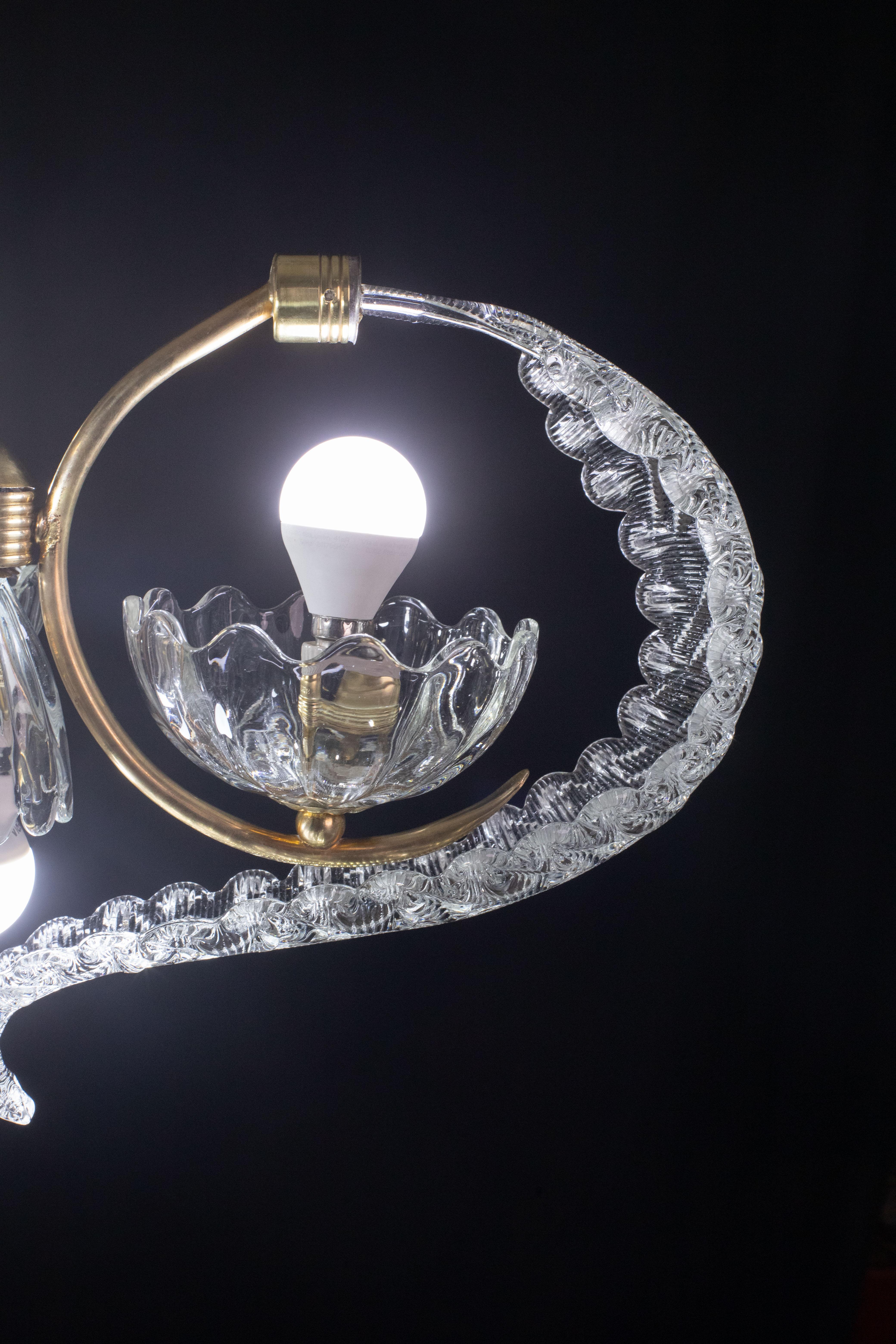 Elegant 4 Light Art Deco Murano Glass and Brass Chandelier by Barovier For Sale 10